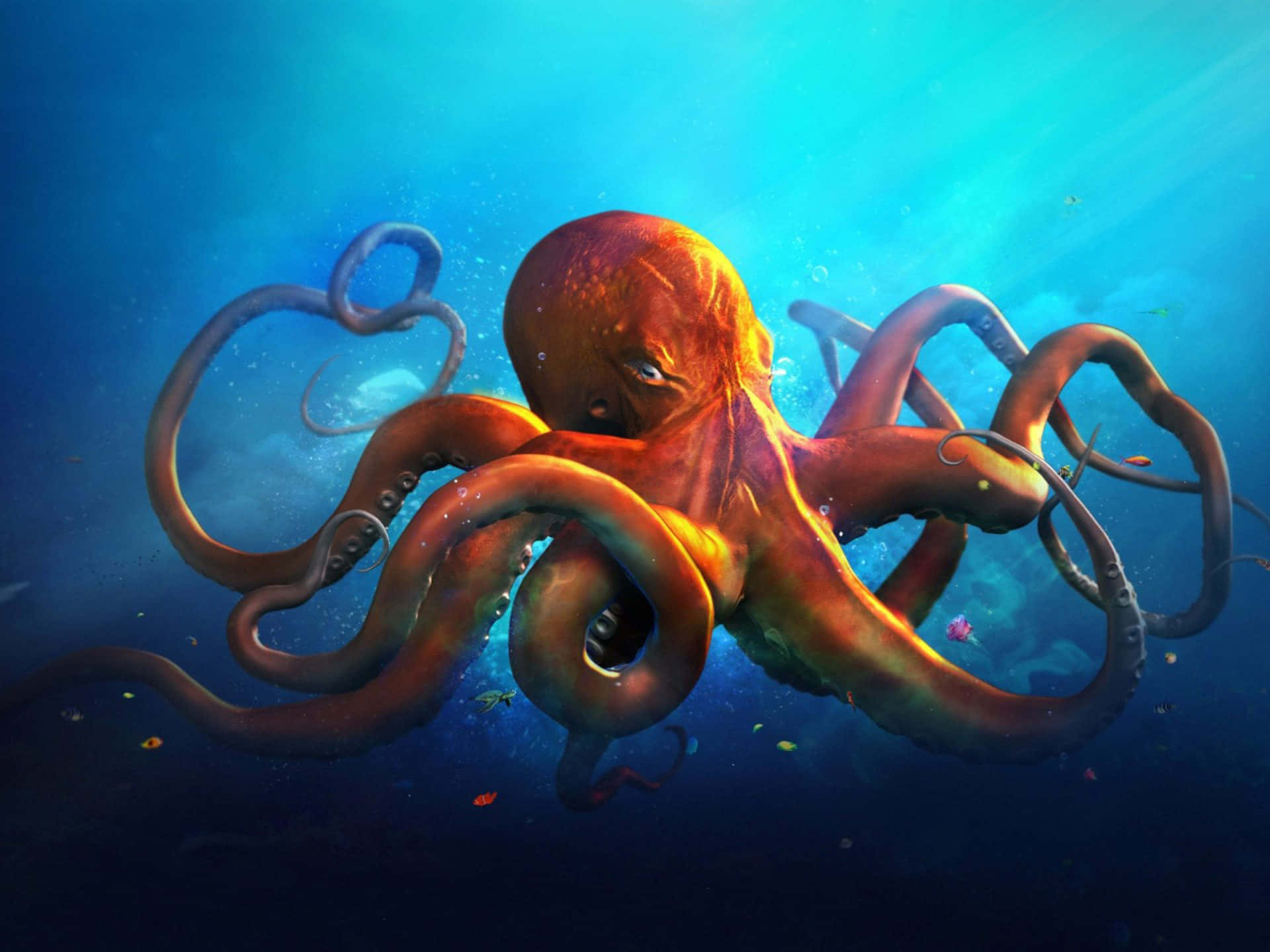 一隻發光的橙色八爪魚在深藍色海洋中游泳，伴隨著陽光和漂浮的粒子。