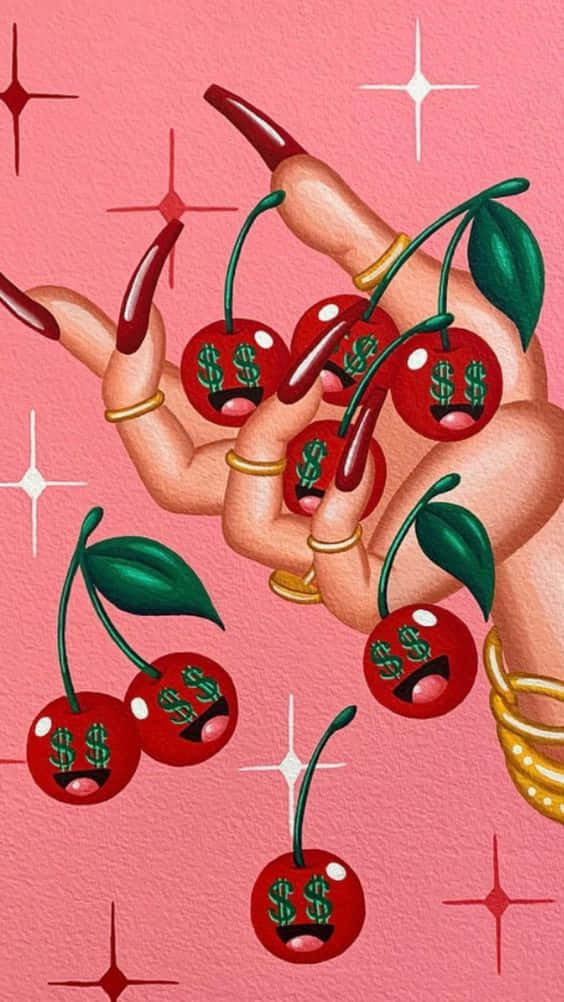 尋找時尚手機？看看這款可愛紅色iPhone 壁紙 — 一隻風格化的手，長長的紅色指甲，拿著帶有美元符號作為臉孔的櫻桃，背景是粉紅色星星。