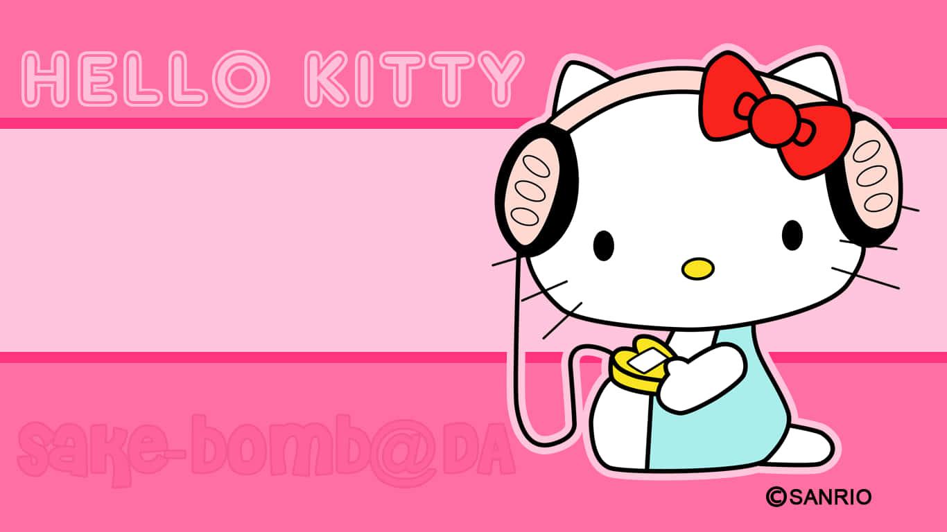 Hello Kitty 戴耳機在粉紅背景上手持黃色物品。