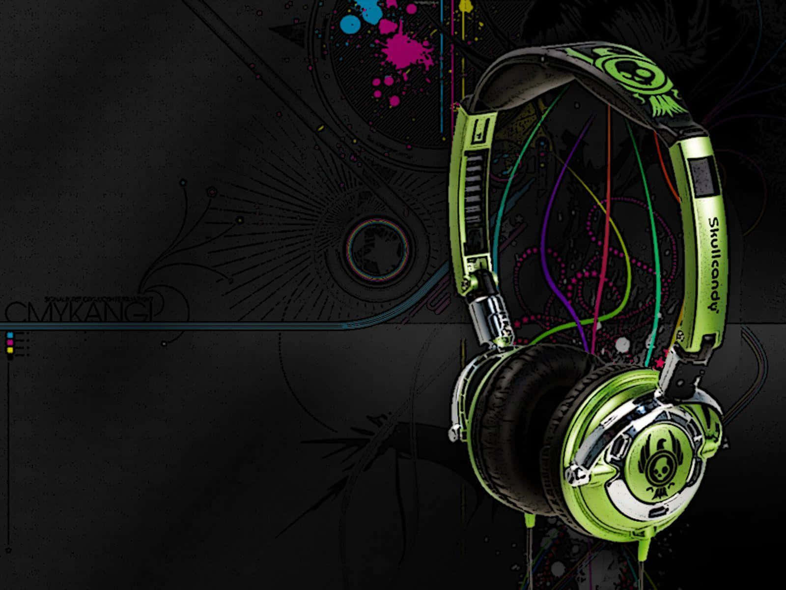 深色抽象背景上，帶有彩色線纜的青檸綠色Skullcandy耳機。