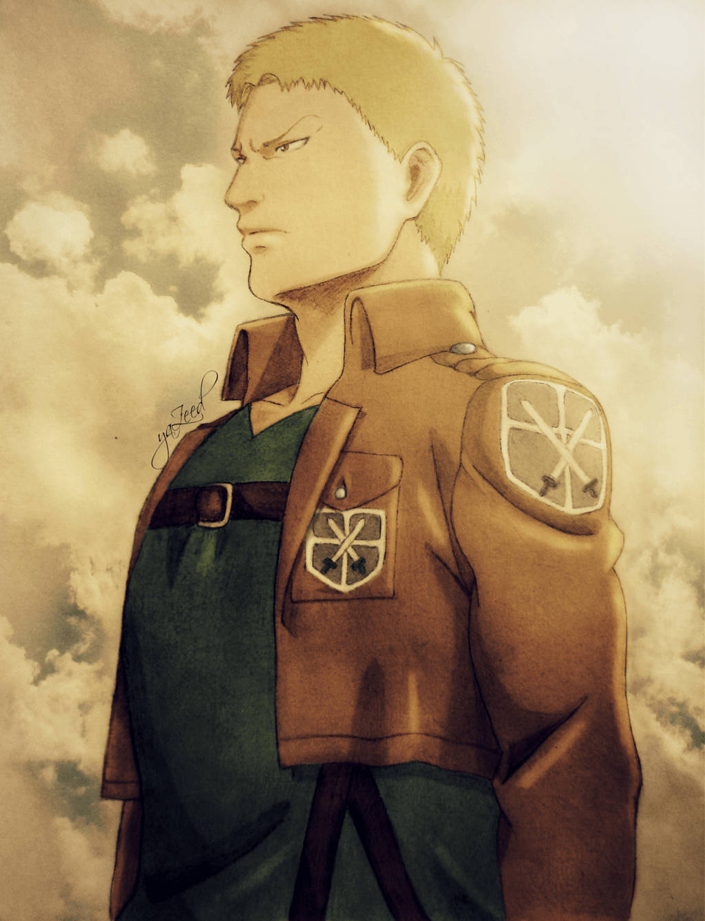 動畫士兵身穿帶有徽章的軍裝，背景為多雲的天空。