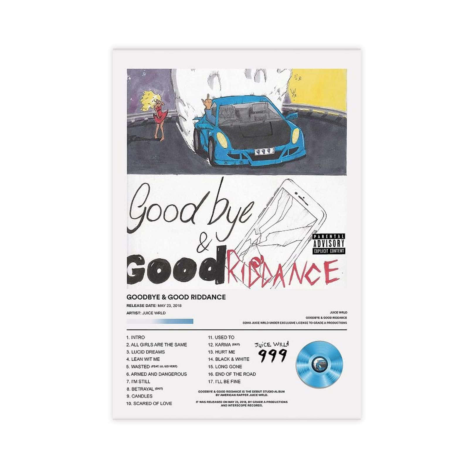 Juice WRLD 的《Goodbye & Good Riddance》專輯封面，有藍色汽車和金髮女子。