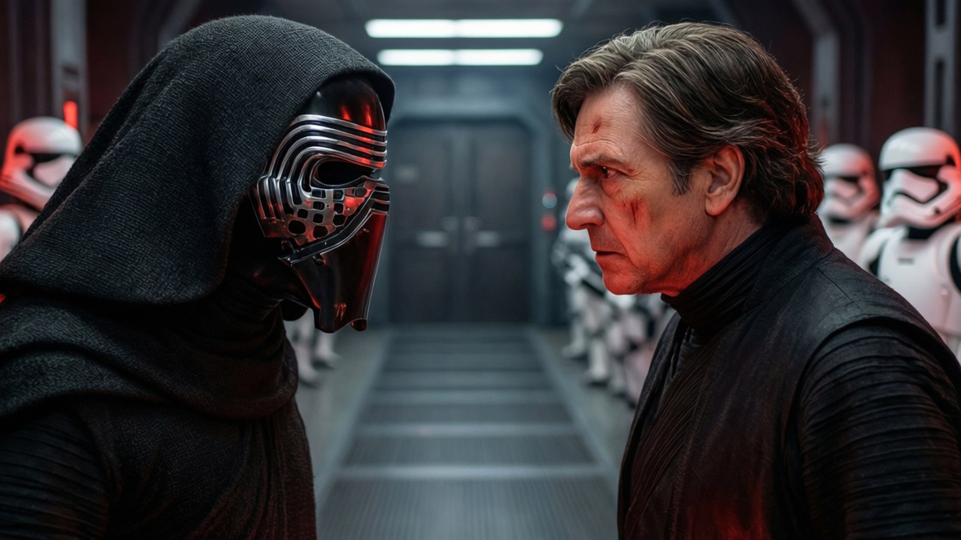 對峙 壁紙 — Kylo Ren 和 Han Solo 在昏暗的太空船走廊中對峙，兩旁有風暴兵。