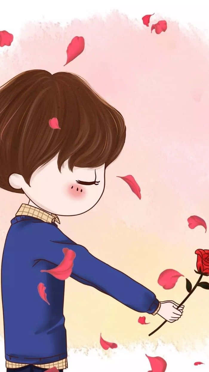 動漫男孩在柔和的粉紅和黃色背景中拿著一朵紅玫瑰，花瓣飄落。