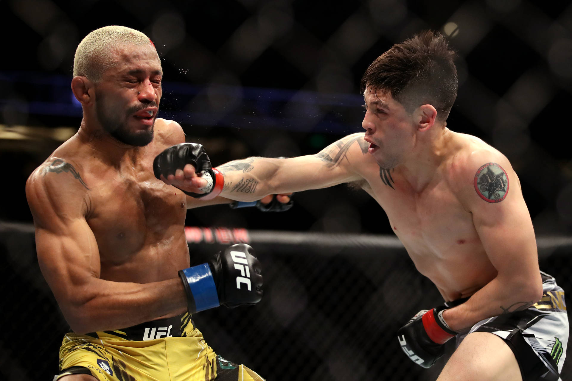 兩名男性拳手在UFC八角籠中進行綜合格鬥比賽時互相出拳。