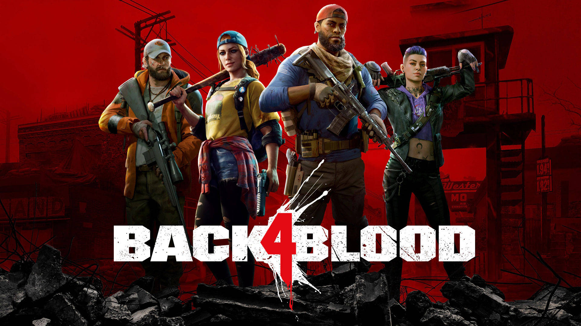 對抗「被感染者」——《Back 4 Blood》遊戲畫面 壁紙 — 四名武裝倖存者在血紅色的天空下， defiantly 站在廢墟般的城市荒地中。