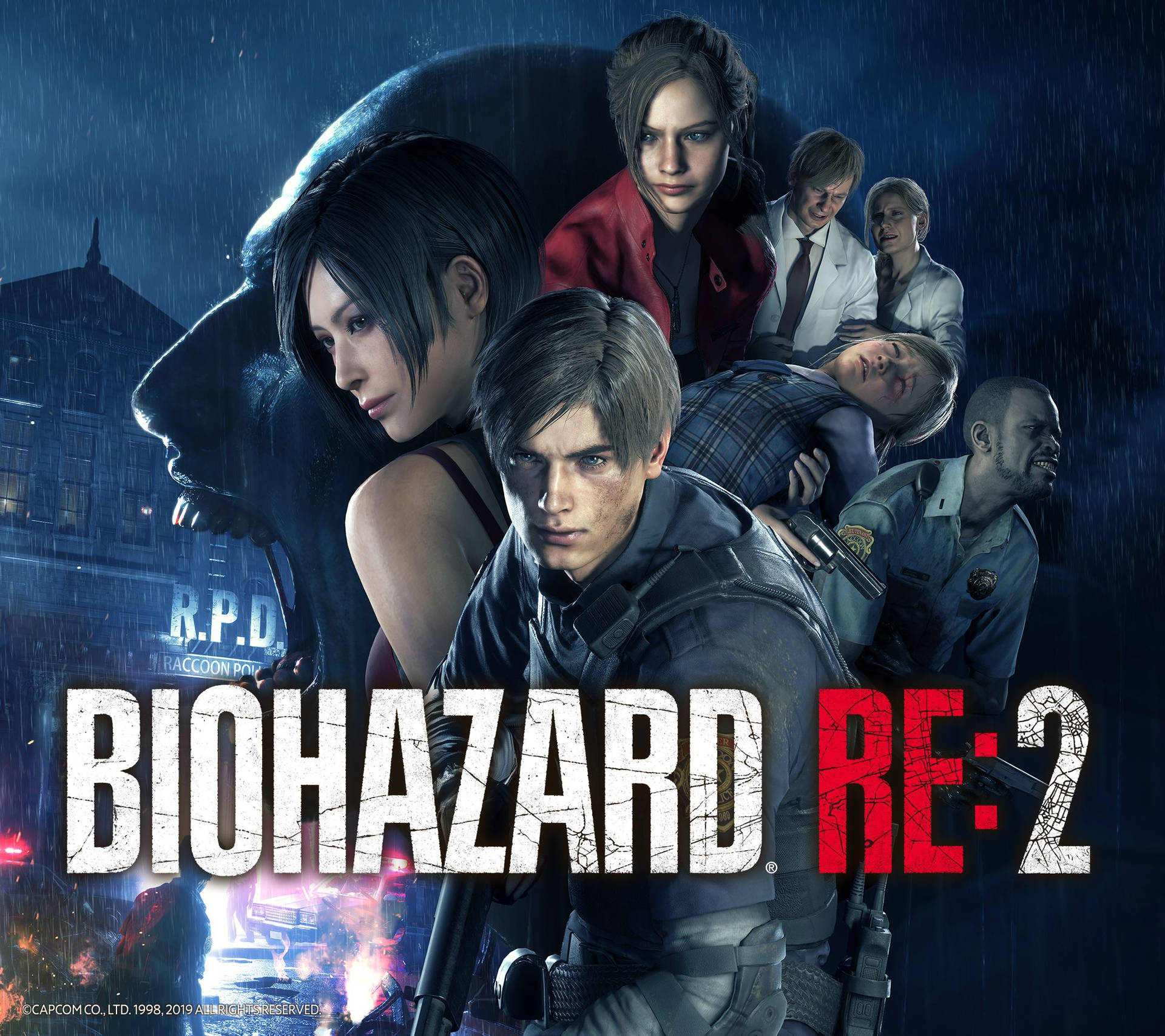 Biohazard RE2 的角色在雨夜城市中，有怪物逼近和下方的爆炸。