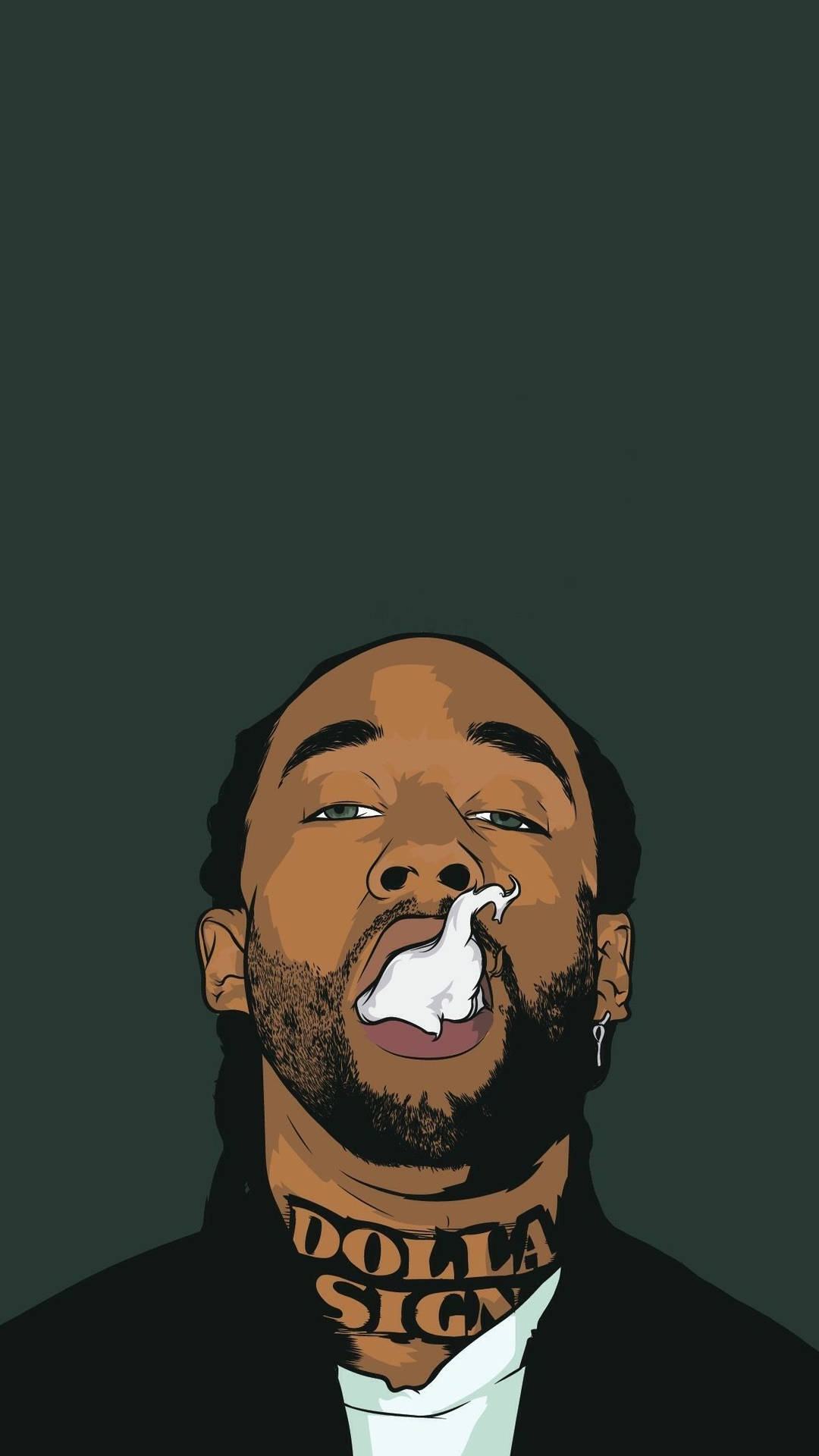 頸部有美元符號紋身的男人在深綠色背景上呼出煙霧。