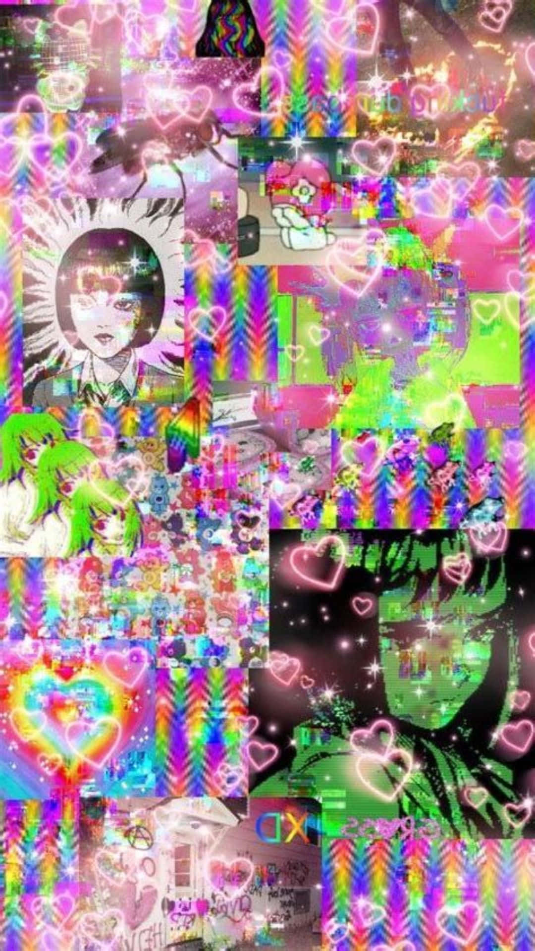 色彩繽紛的數位拼貼，以動漫角色和故障效果為特色，搭配發光的心形。