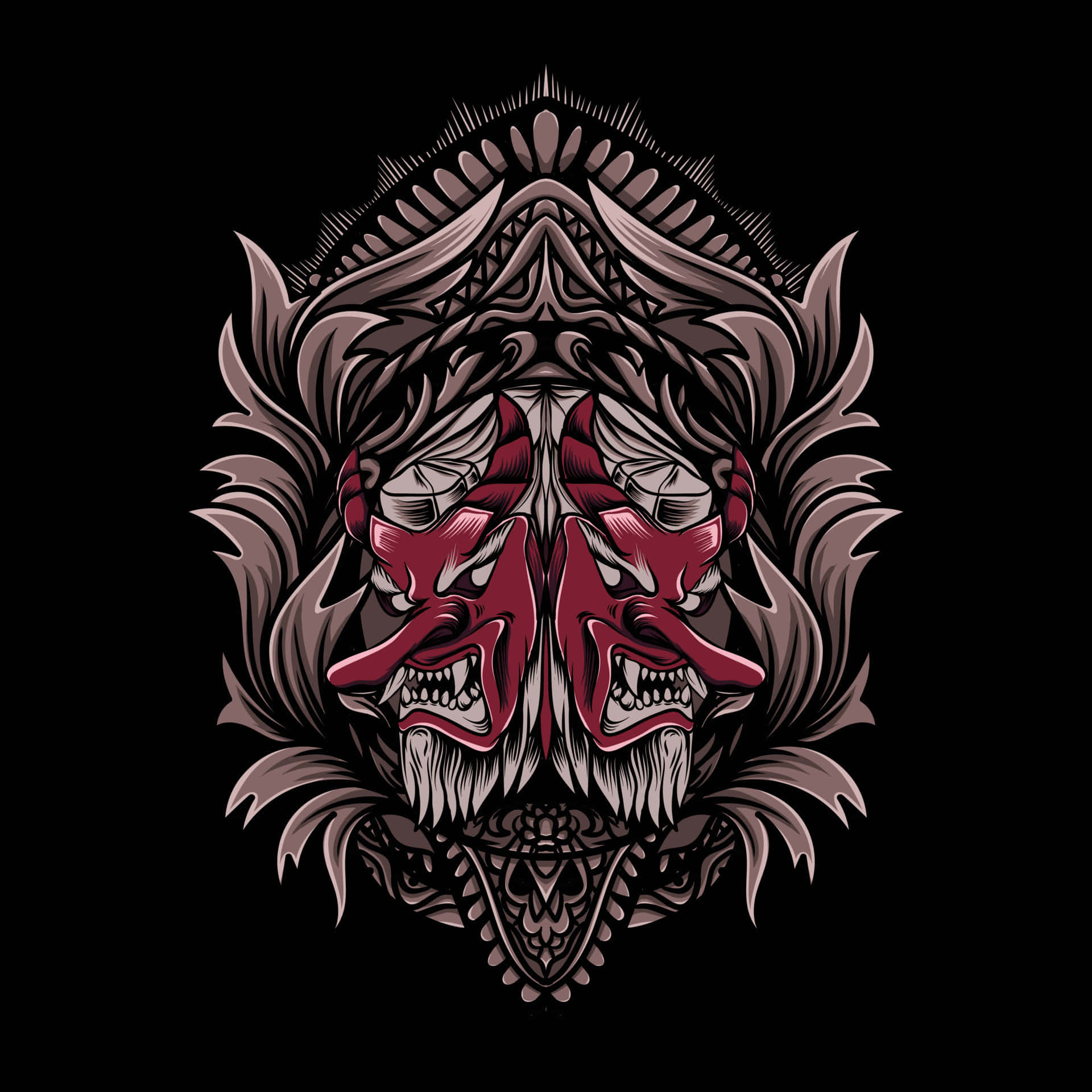 Tengu 桌布 壁紙 — 對稱插圖，兩個帶有尖牙和華麗灰色圖案的兇惡紅臉面具，背景為黑色。