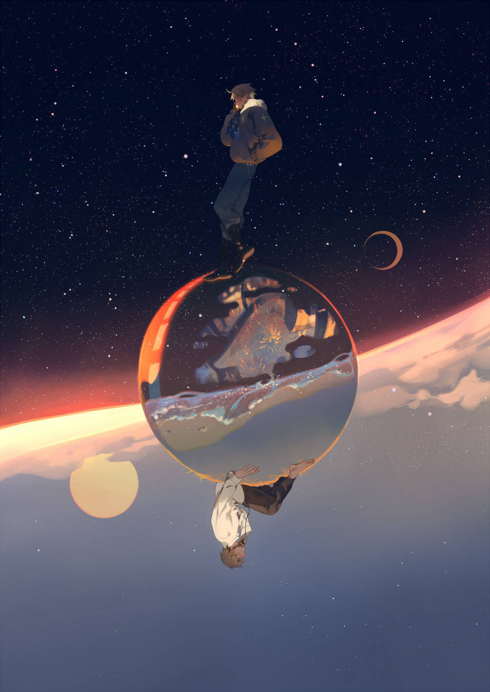 在一個有發光球體和新月的星空宇宙場景中，一個人站在一個反射球體上。