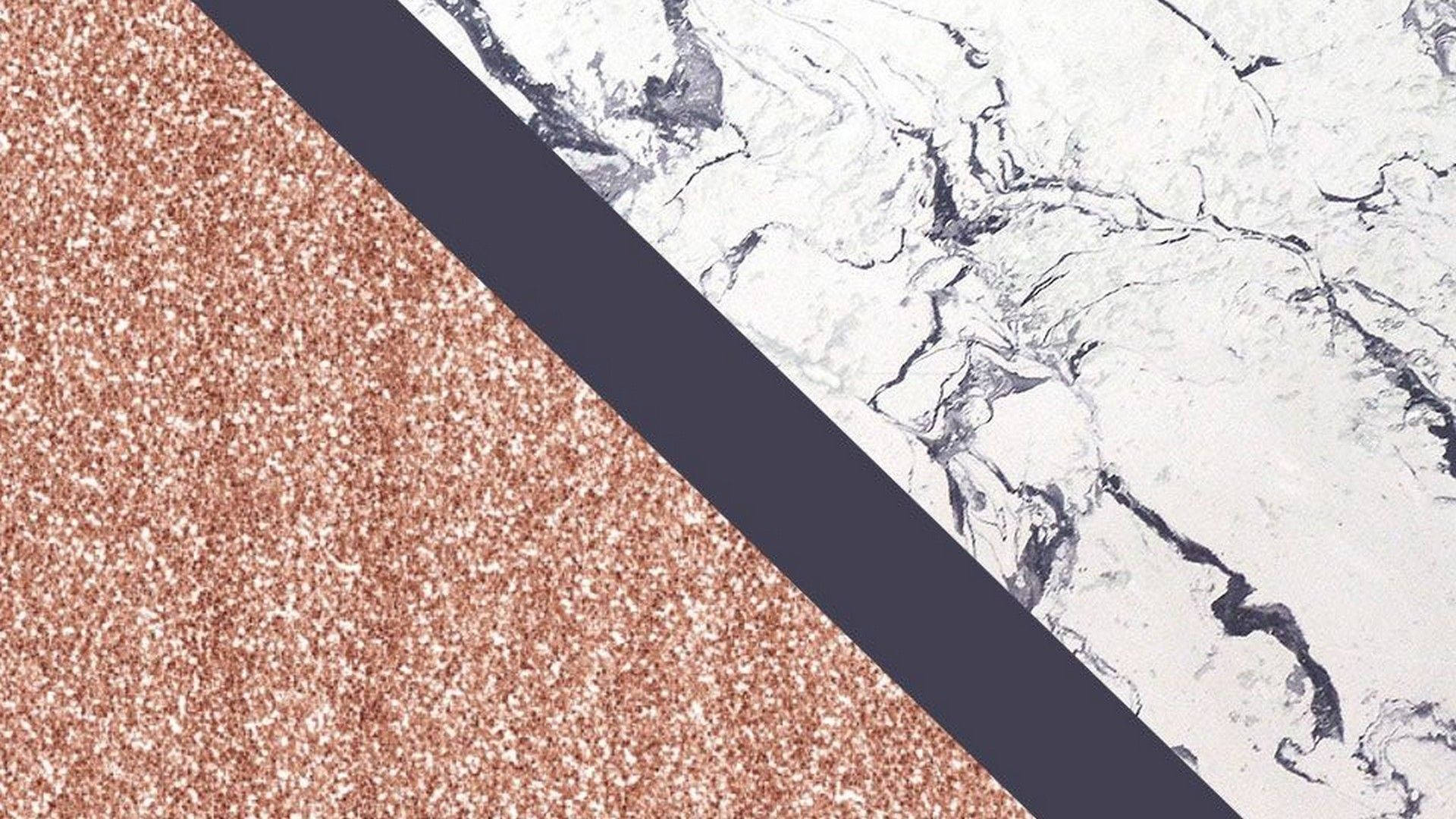 Marble Desktop 桌布 壁紙 — 對角分割展示玫瑰金閃粉紋理，配以帶灰色紋理的白色大理石，並以深灰色條紋分隔。