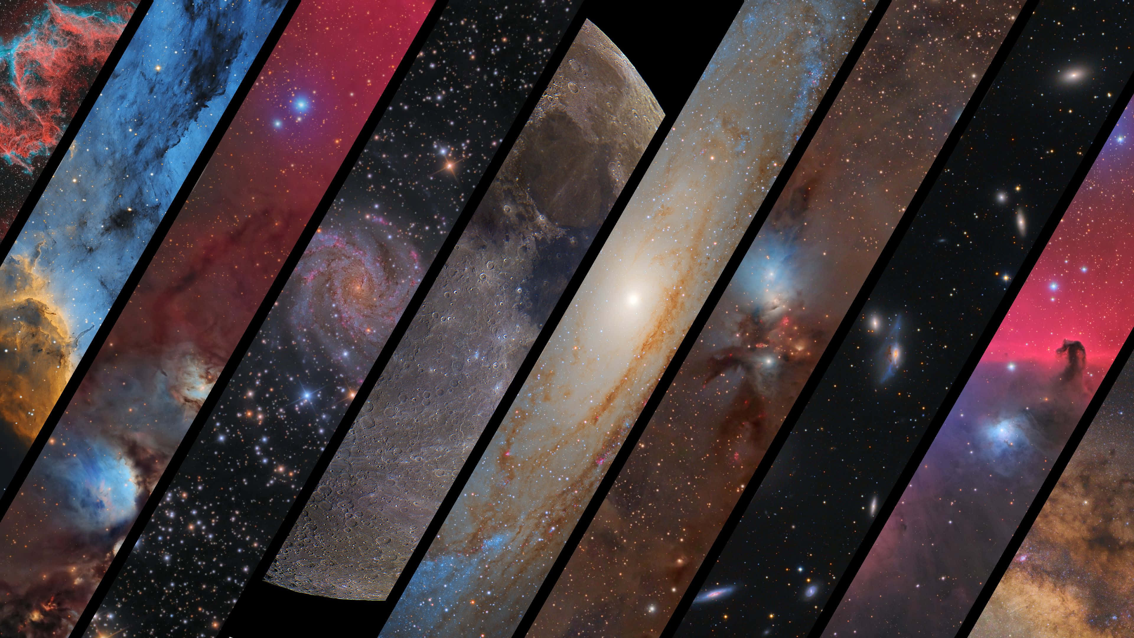 Astrophysics 桌布 壁紙 — 對角條紋展示充滿活力的宇宙奇觀，包括星雲、星系和星場，呈現鮮豔的紅色、藍色和紫色。