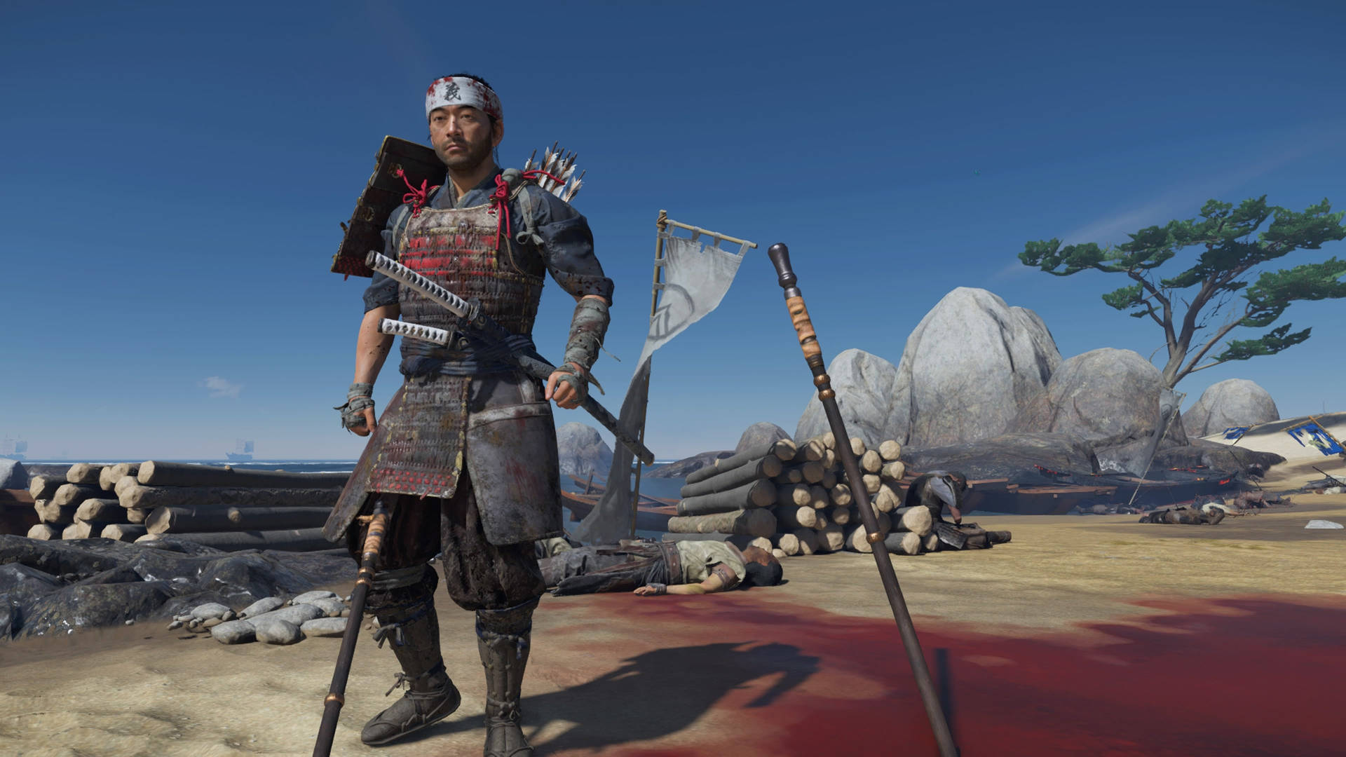 身穿戰鬥裝備的武士戰士站在血跡斑斑的田野上，有倒下的敵人和原木。