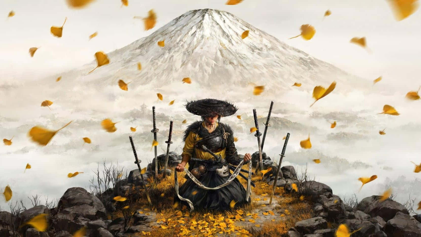 《對馬島之鬼》武士冥想 壁紙 — 一名武士戰士跪在岩石山峰上，背後是白雪覆蓋的富士山，周圍環繞著飄落的金色樹葉。