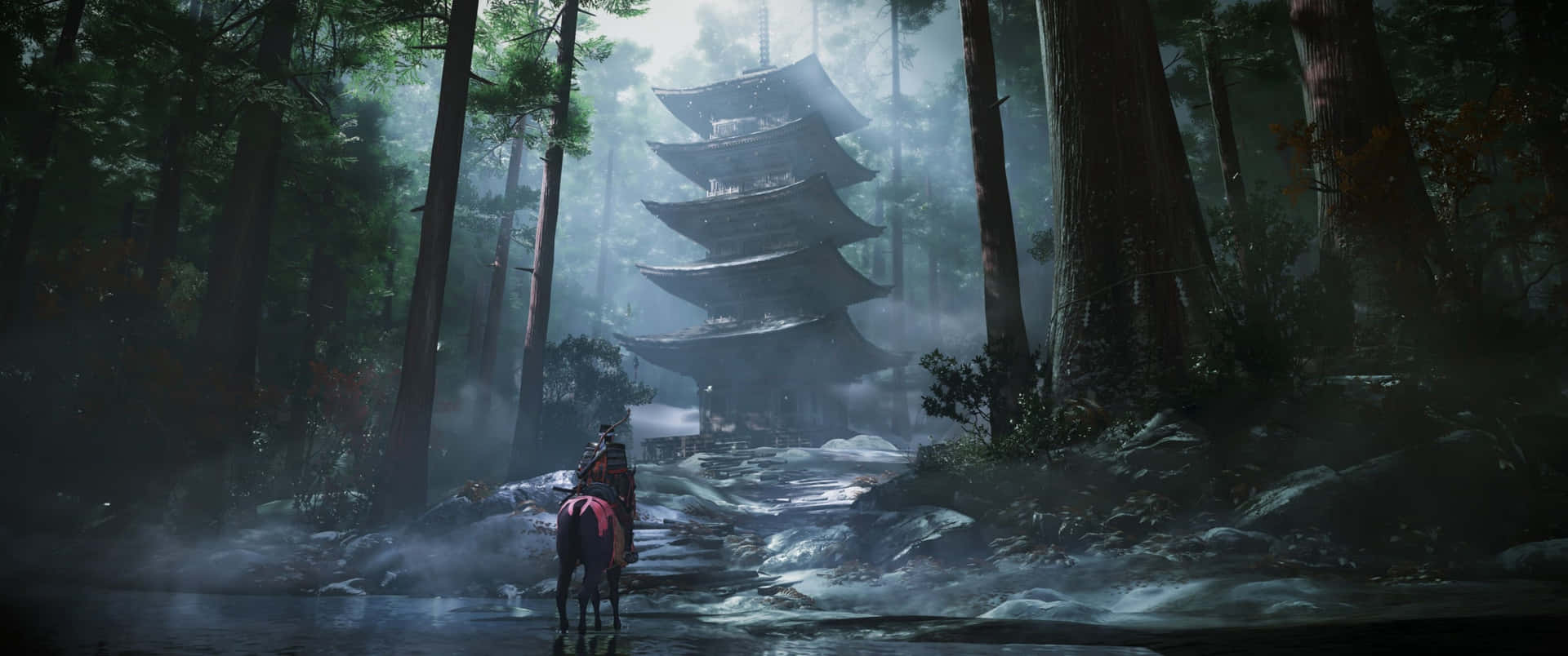 騎馬的武士在黎明時分接近迷霧森林中的一座寶塔。