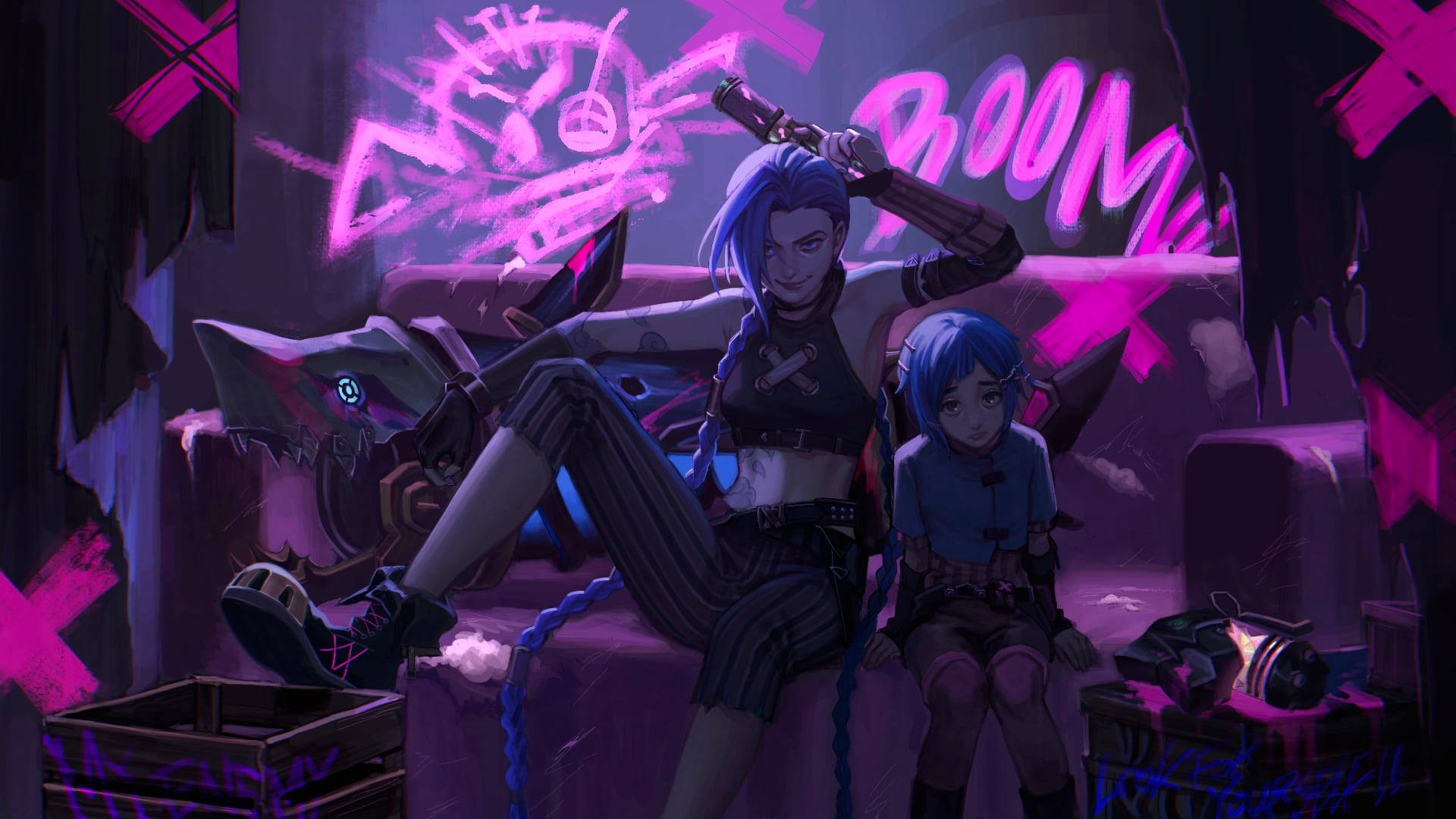 兩個動漫女孩在霓虹粉紅塗鴉房間裡與鯊魚機械人。