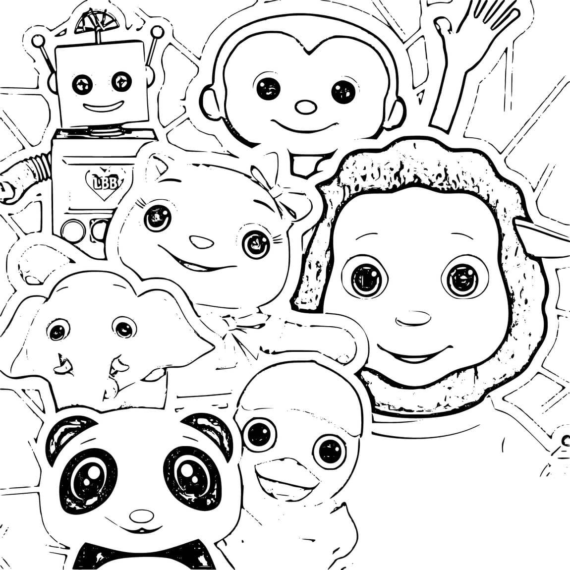 七個微笑的卡通角色，包括機械人、猴子、獅子、熊貓和鴨子。