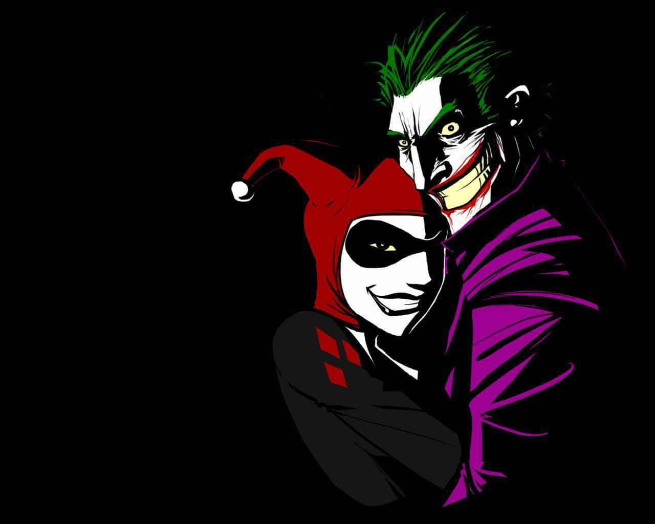 Joker Comic 桌布 壁紙 — 小丑和哈莉·奎茵在黑色背景前緊密站立，色彩大膽，線條銳利。