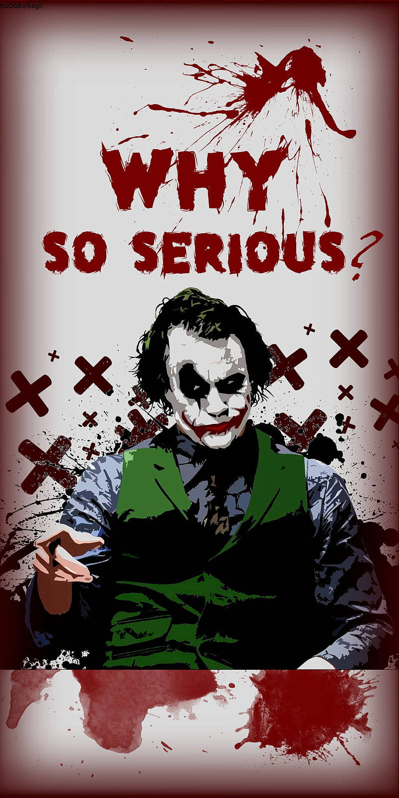 小丑拿著香煙，帶有紅色飛濺和「WHY SO SERIOUS？」文字。