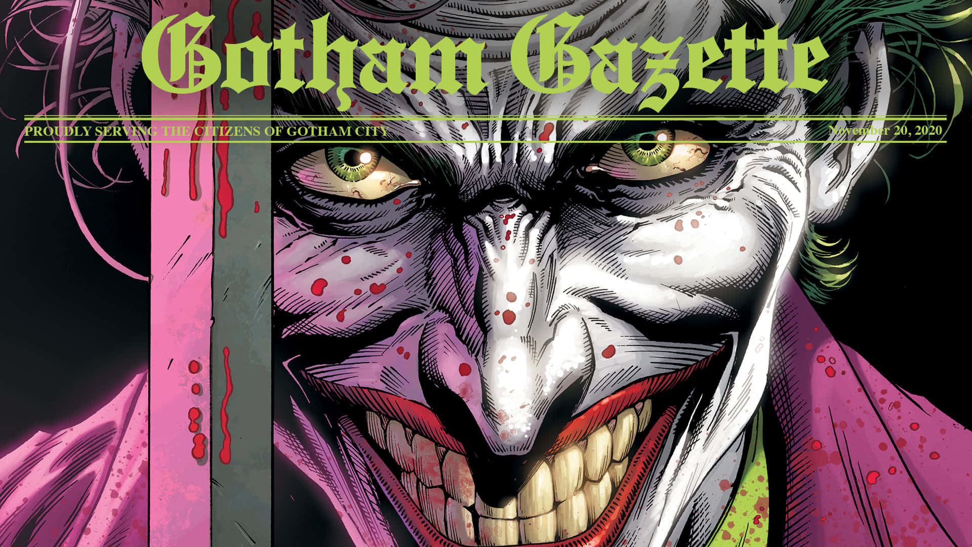 The Killing Joke 桌布 壁紙 — 小丑嘅威脅性近鏡，帶住寬闊嘅笑容同綠色眼睛，由Gotham Gazette報紙標題框住。