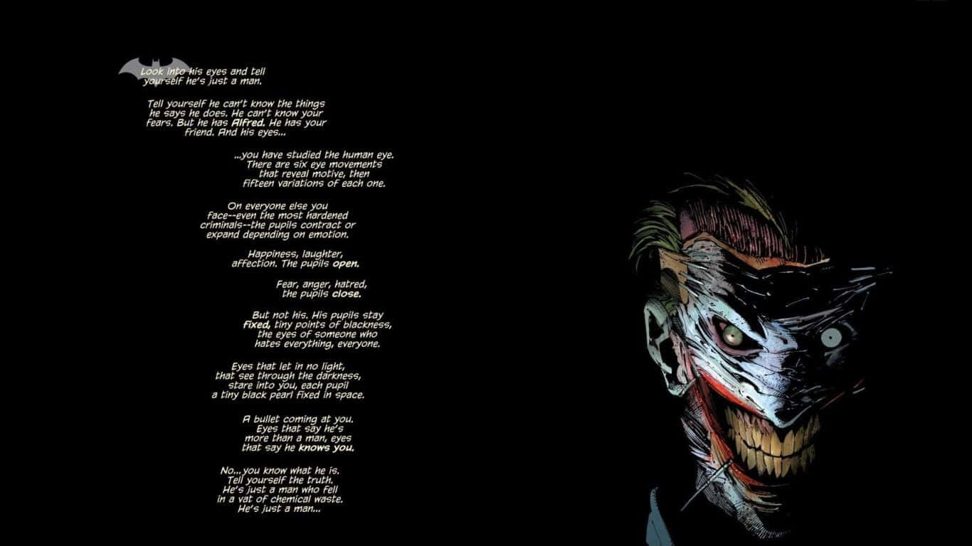 Joker Quotes 桌布 壁紙 — 小丑嘅特寫，咧嘴笑同發光嘅眼睛，背景係黑色同白色文字。