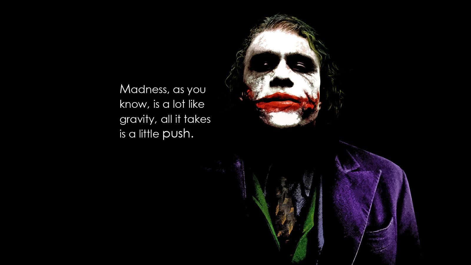 Joker Quotes 桌布 壁紙 — 小丑嘅特寫，白色面油、紅唇、紫色西裝，黑色背景上有引文文字，充滿威脅感。