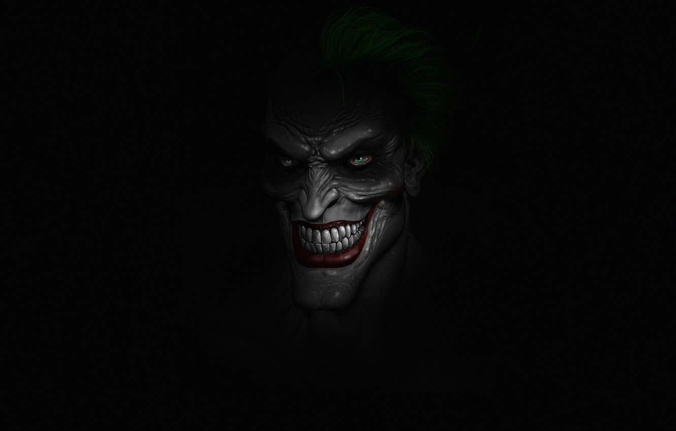 Joker Art 桌布 壁紙 — 小丑嘅近距離威脅特寫，發光嘅眼睛同綠色頭髮，背景係漆黑一片。