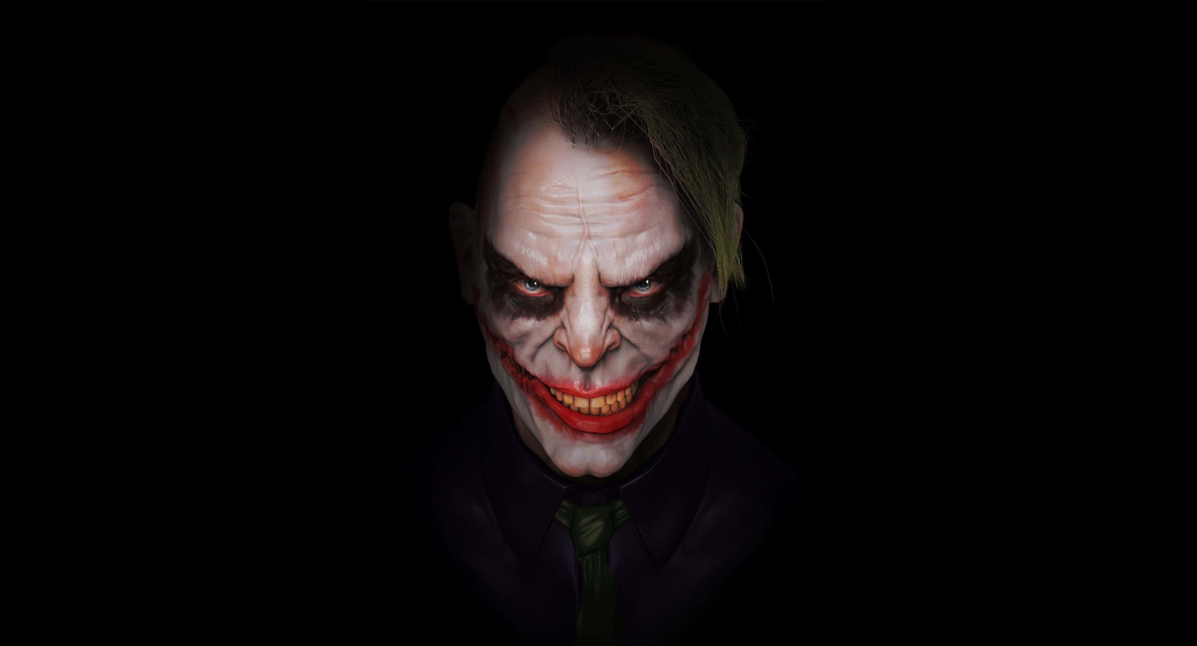 Evil Joker 桌布 壁紙 — 小丑嘅近距離威脅特寫，白色面油、紅色嘴唇同綠色頭髮，黑色背景。