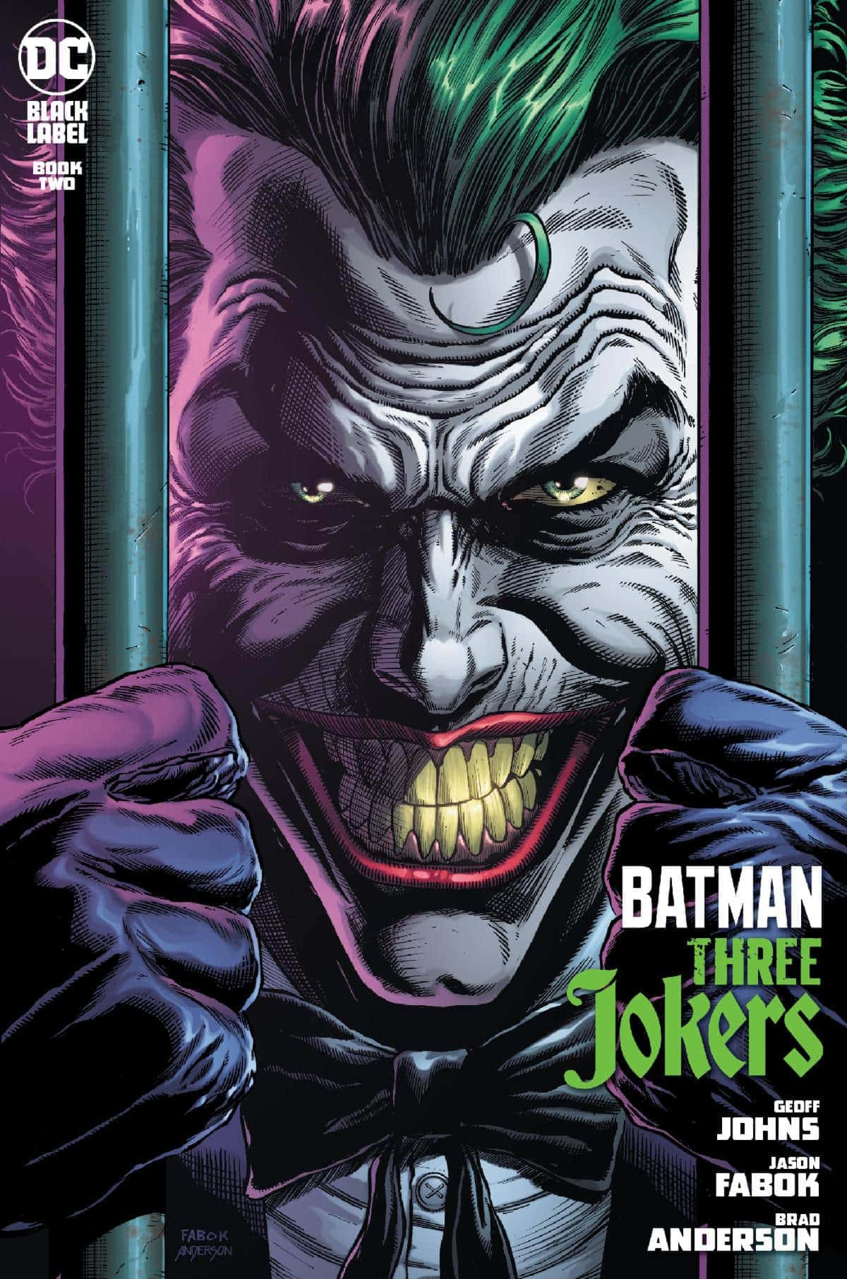 Batman Three Jokers 桌布 壁紙 — 小丑嘅近距離威脅特寫，綠色頭髮同咧嘴笑，喺鐵欄後面，著住有蝴蝶結嘅禮服。