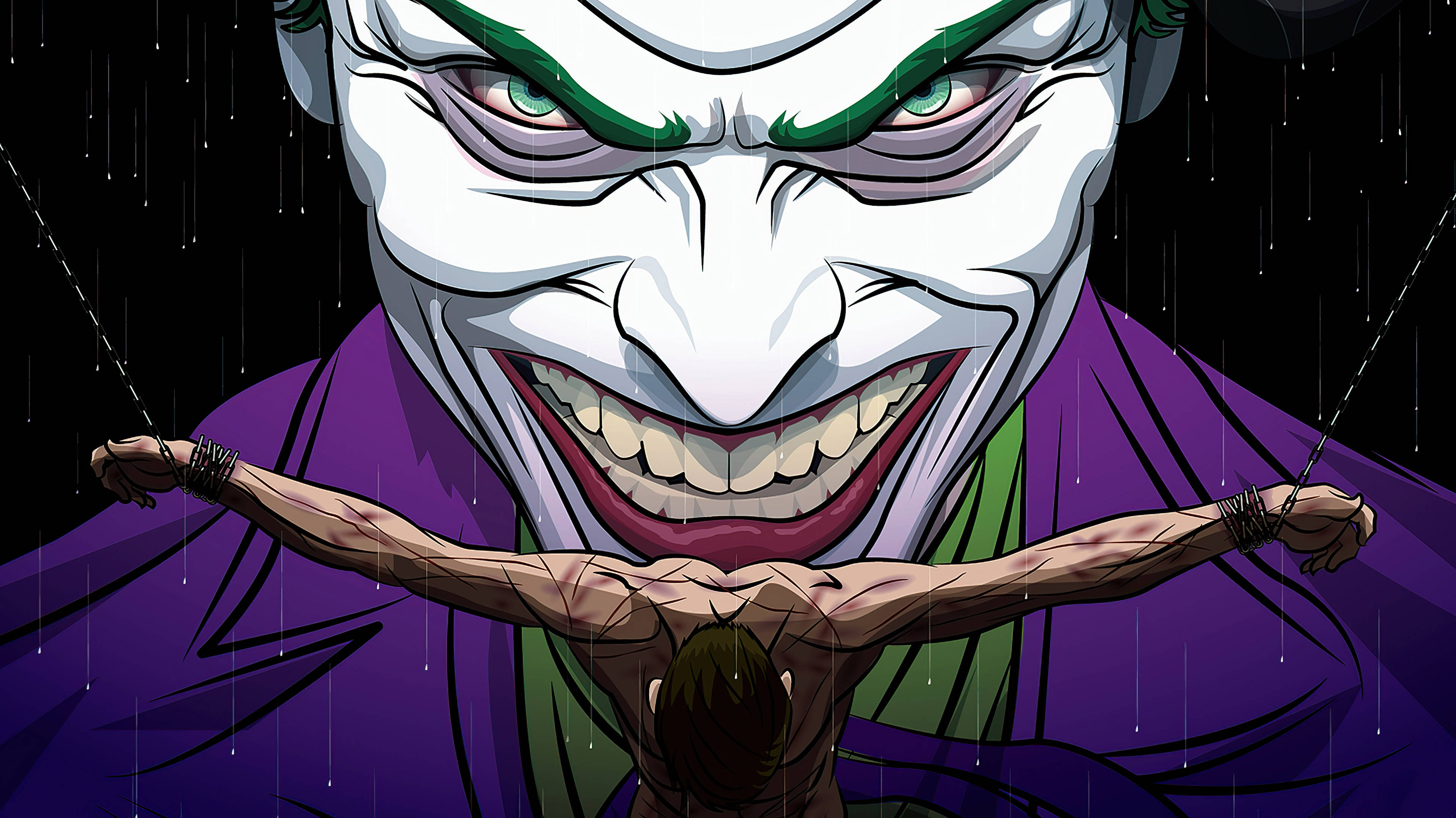 evil laugh 桌布 壁紙 — 小丑在一個被雨水浸濕的場景中，用銳利的漫畫線條和鮮豔的紫色、綠色和白色，威脅性地籠罩著一個被束縛的人物。