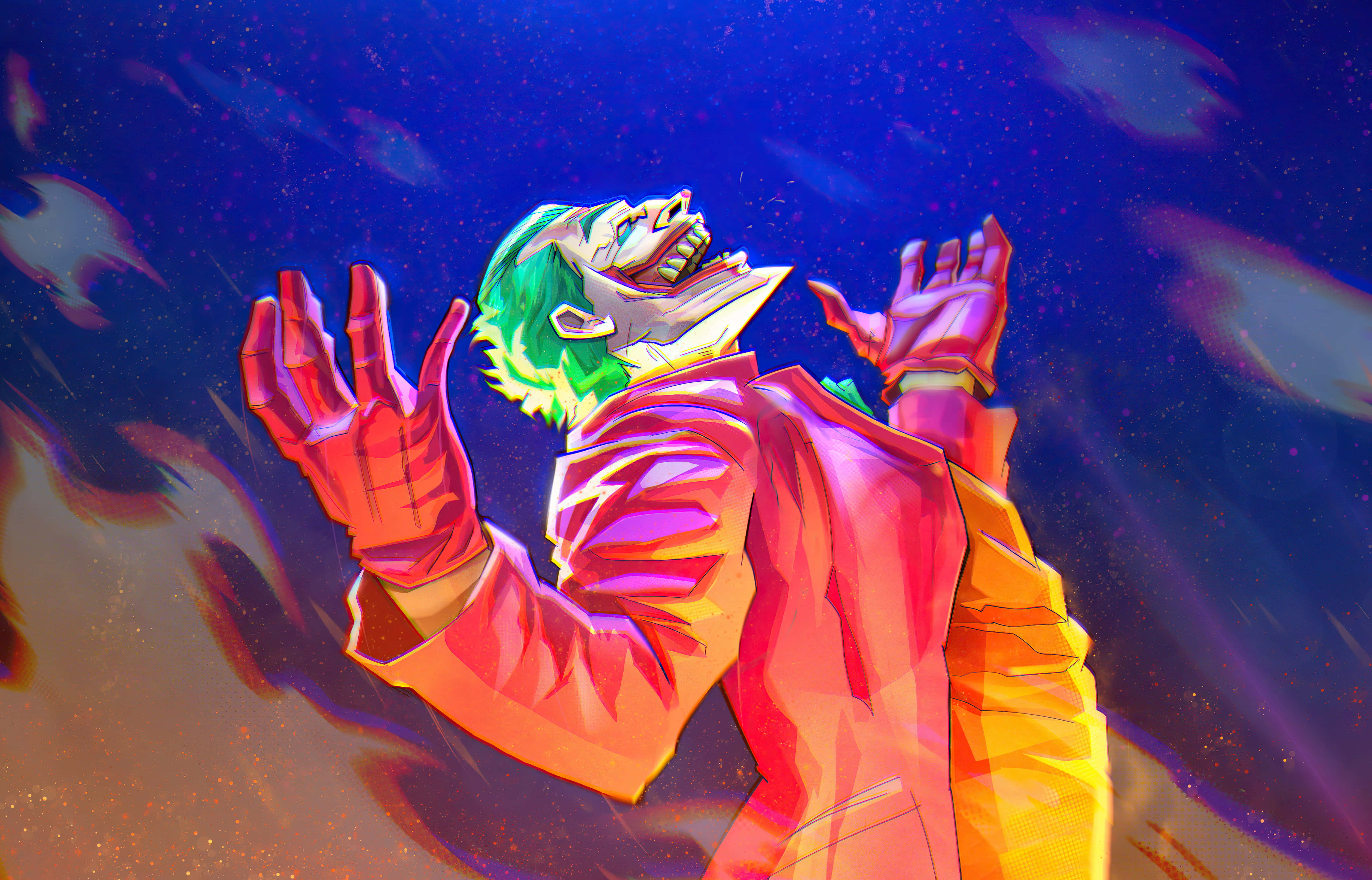 Joker Laughing 桌布 壁紙 — 小丑在旋轉的紫色和橙色宇宙背景下，以充滿活力的數碼藝術風格狂笑。