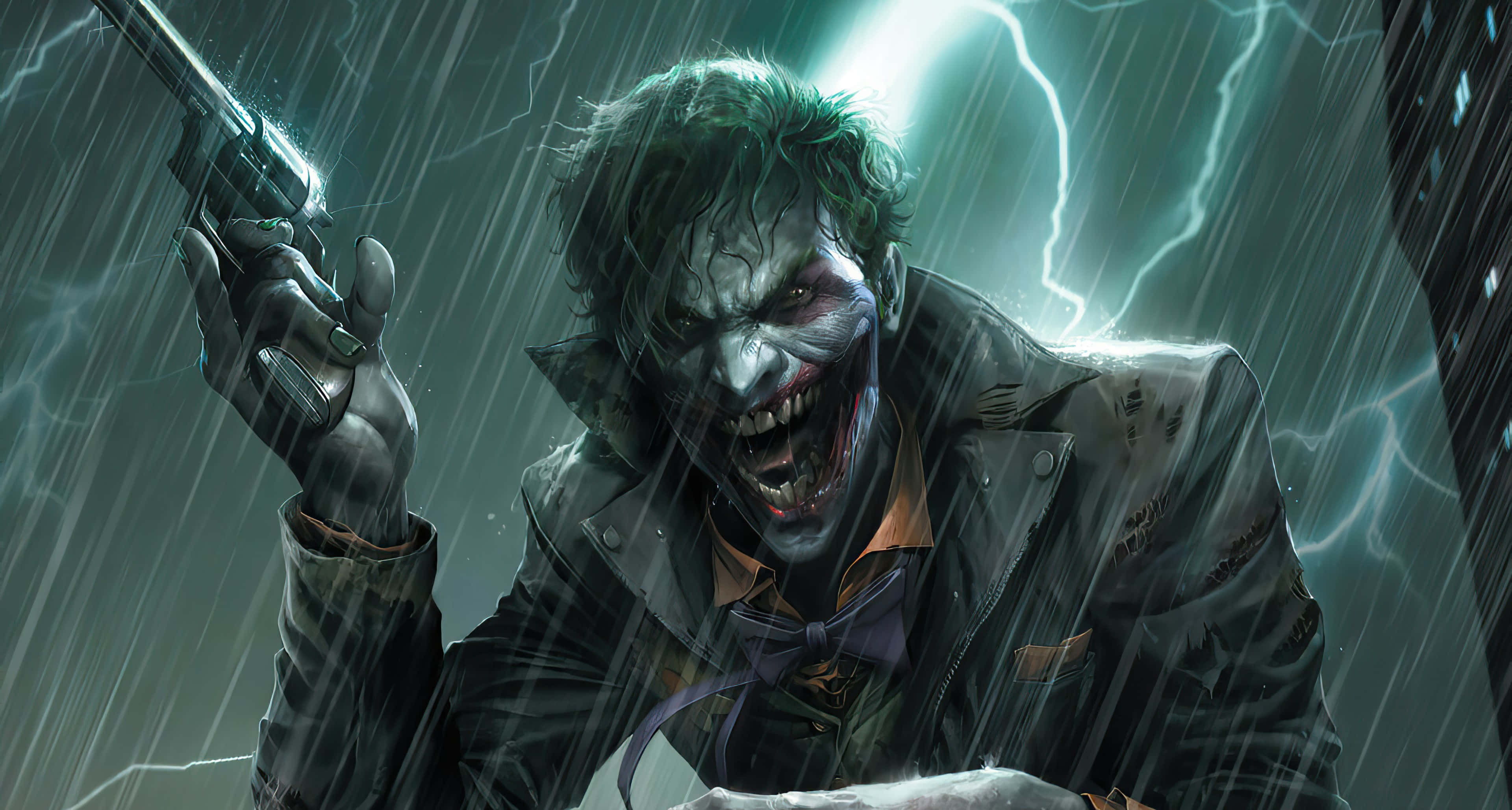 Dark Joker 桌布 壁紙 — 小丑在暴風雨中狂笑，手持槍支，身後閃電交加。
