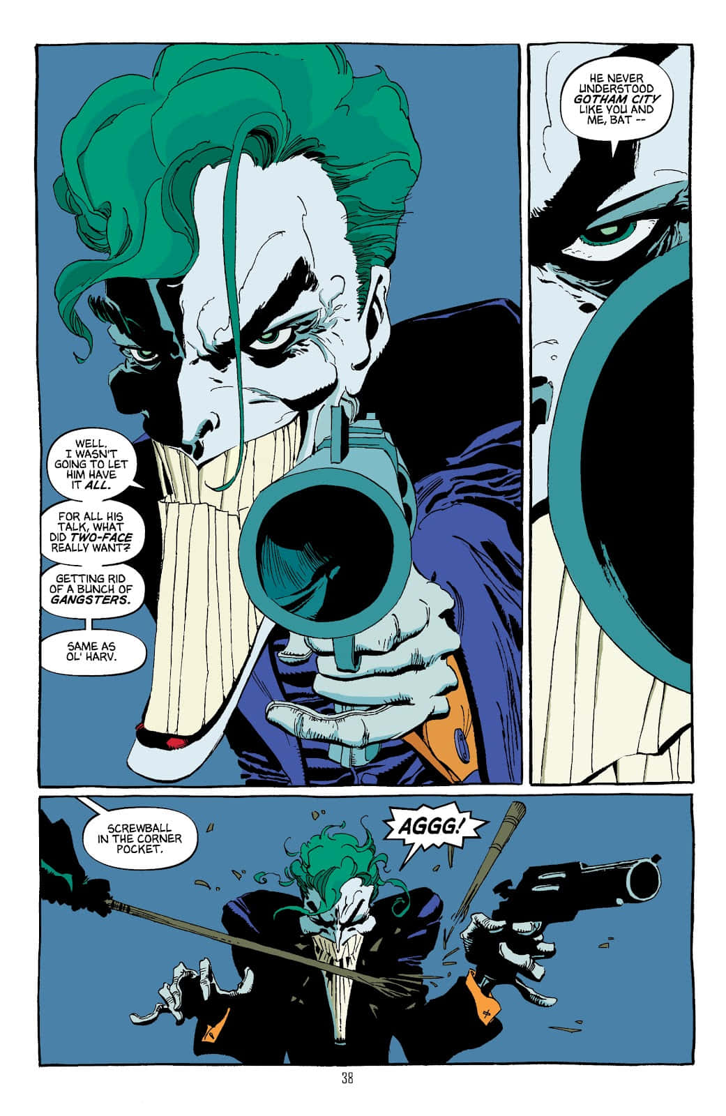 Batman Dark Victory 桌布 壁紙 — 小丑在漫畫書面板中以狂躁的強度瞄準槍支，他的綠色頭髮和白色臉龐與藍色背景形成對比。