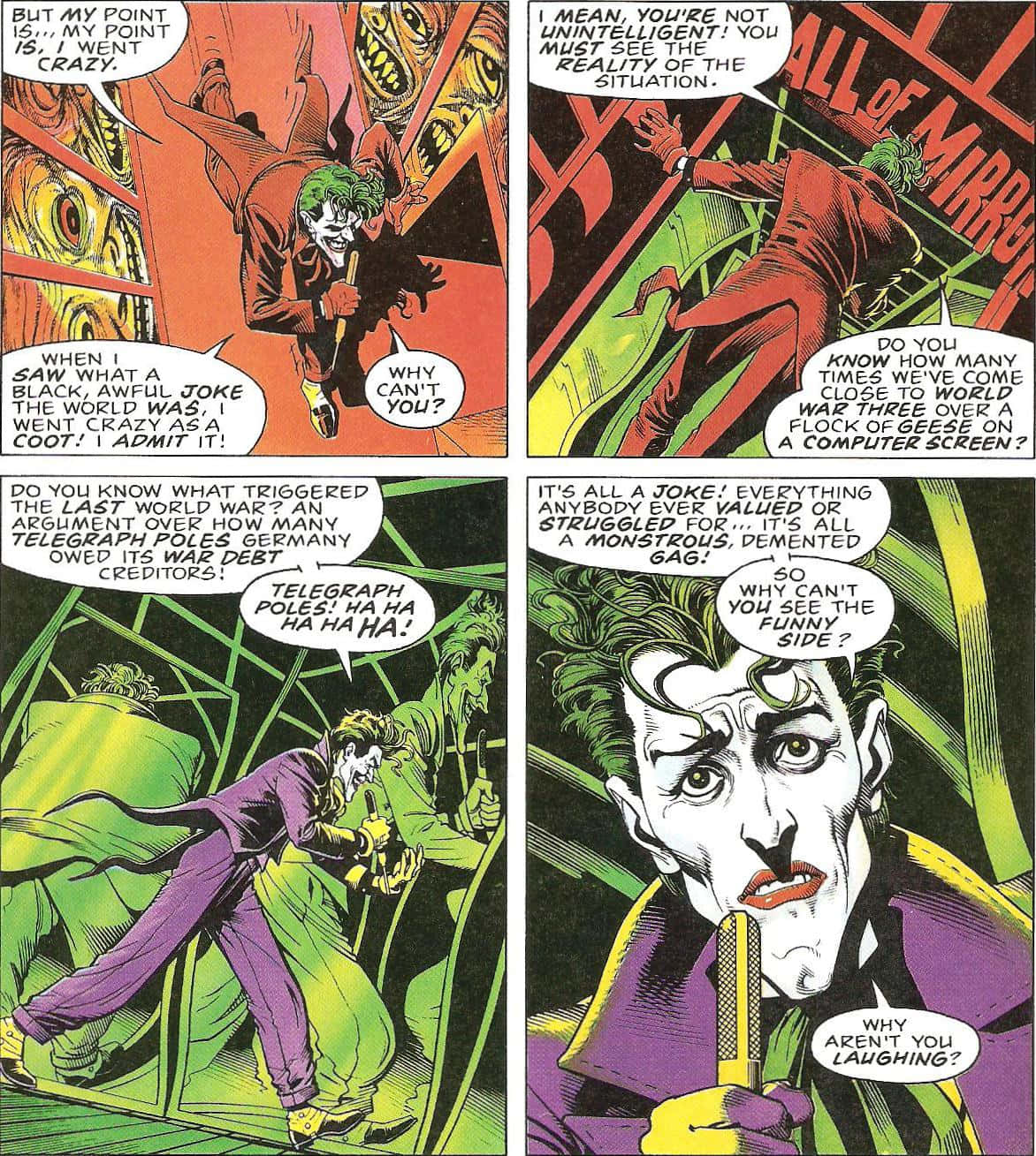 The Killing Joke 桌布 壁紙 — 小丑在漫畫格中狂笑，周圍是扭曲的鏡子和混亂的對話氣泡。