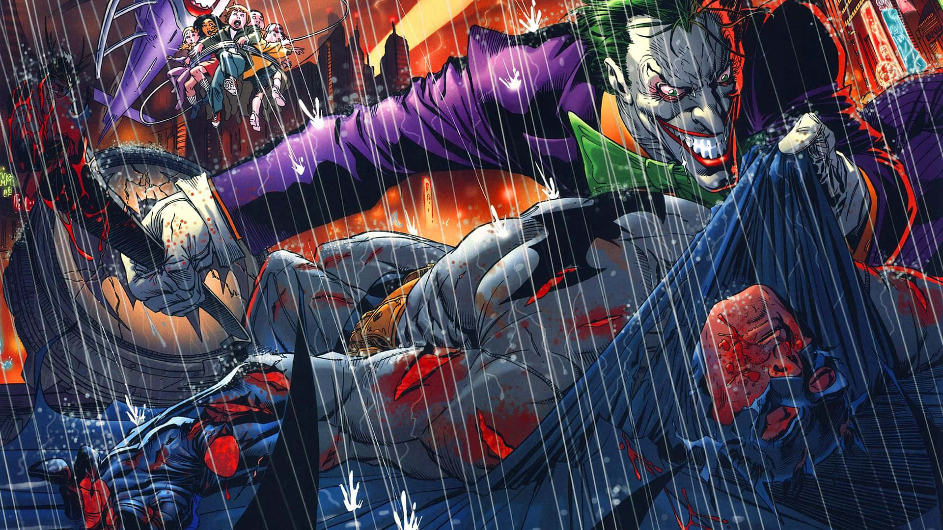 Joker Comic 桌布 壁紙 — 小丑在濕透的葛咸城小巷中，對著被打敗的蝙蝠俠瘋狂大笑，周圍一片混亂和鮮血。