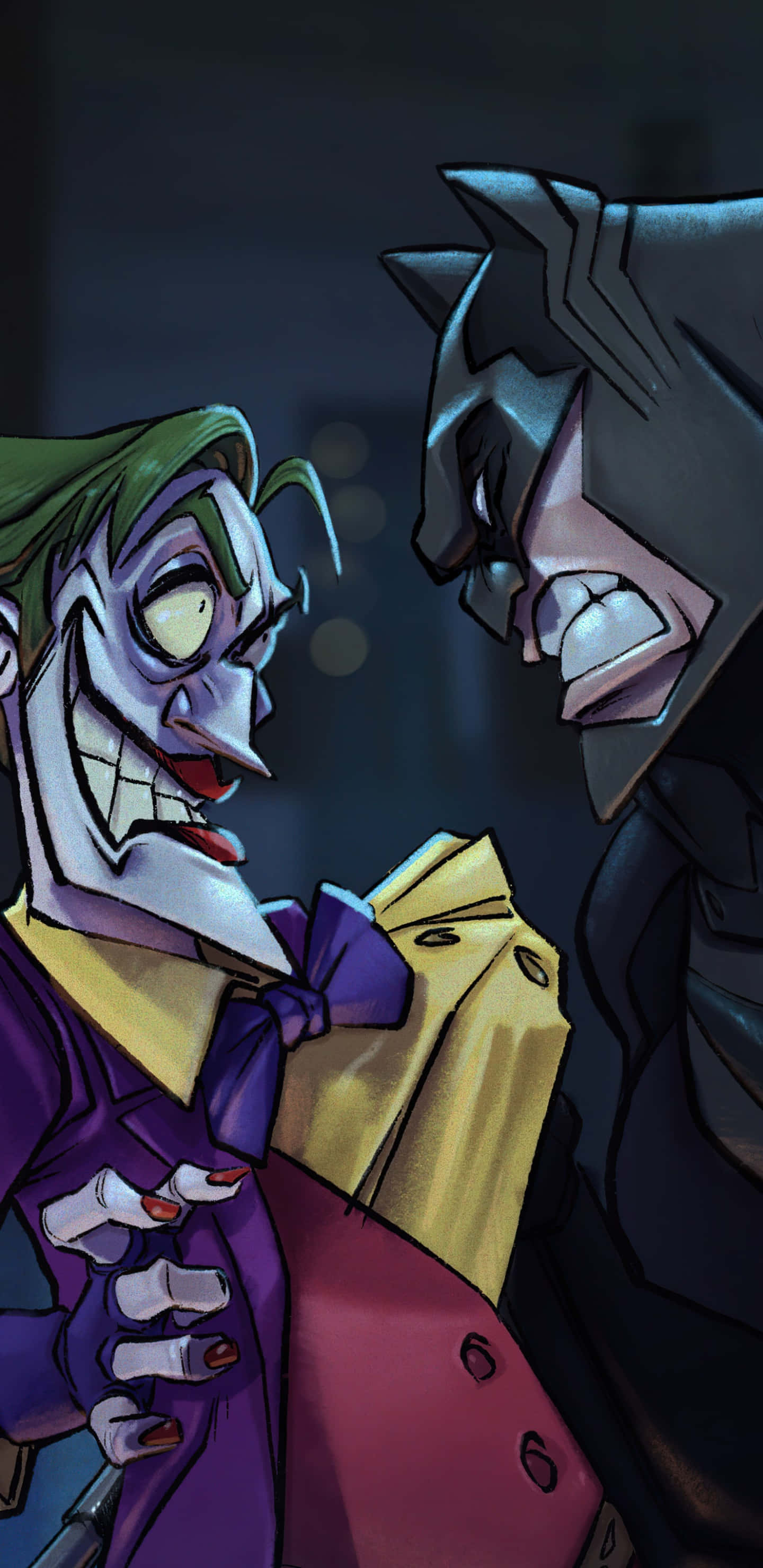 Batman Comics 桌布 壁紙 — 小丑在陰暗、緊張的對峙中，在氣氛燈光下對蝙蝠俠露出瘋狂的笑容。