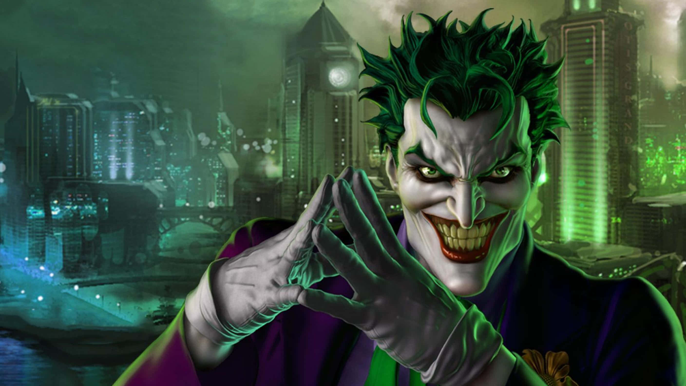 Joker Comic 桌布 壁紙 — 小丑在霓虹閃爍的高譚市天際線前，於帶有綠色色調的夜空下露出瘋狂的笑容。
