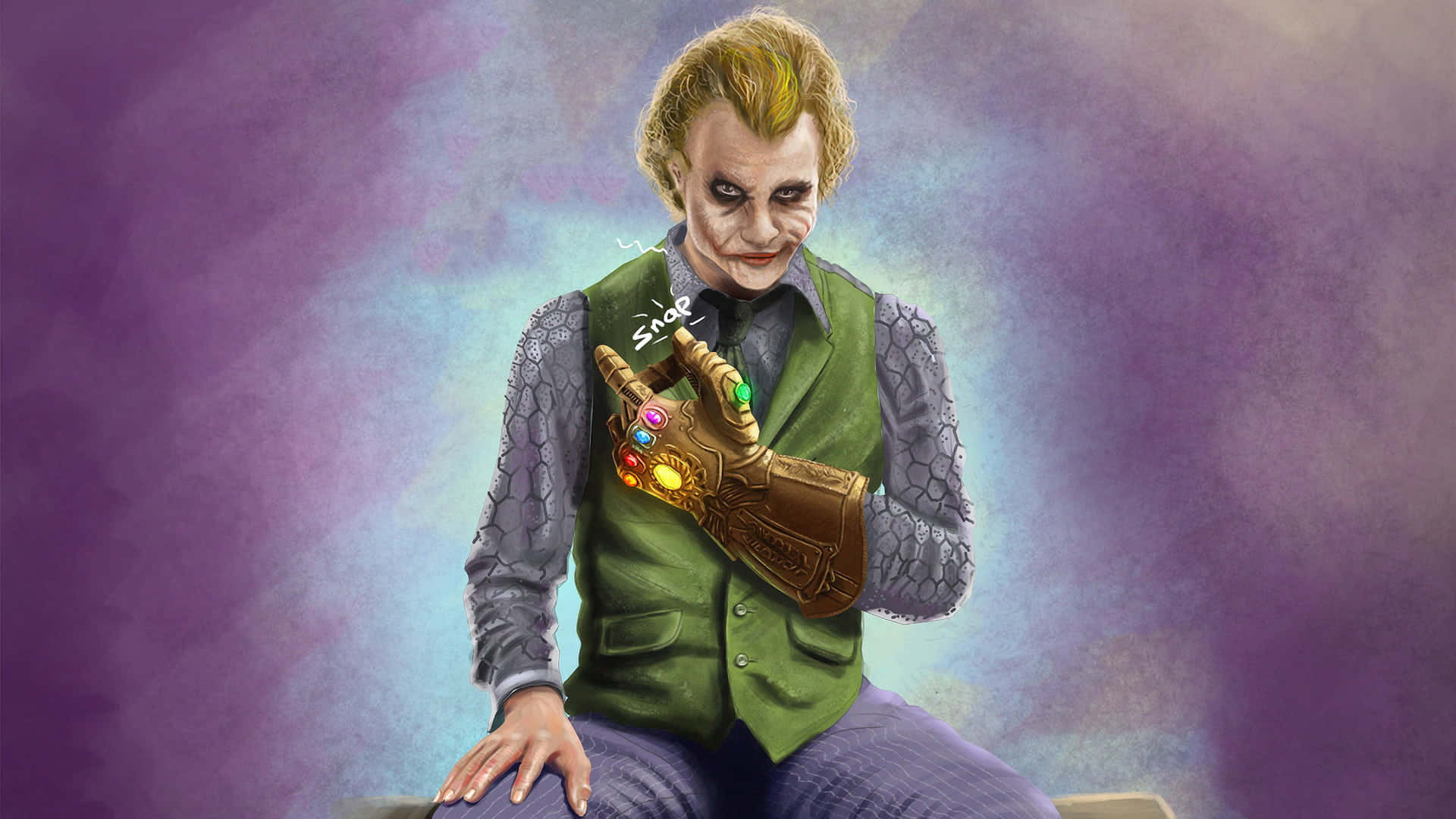 Joker Painting 桌布 壁紙 — 小丑奸笑住握住無限手套，背景係旋轉嘅紫色同藍色。