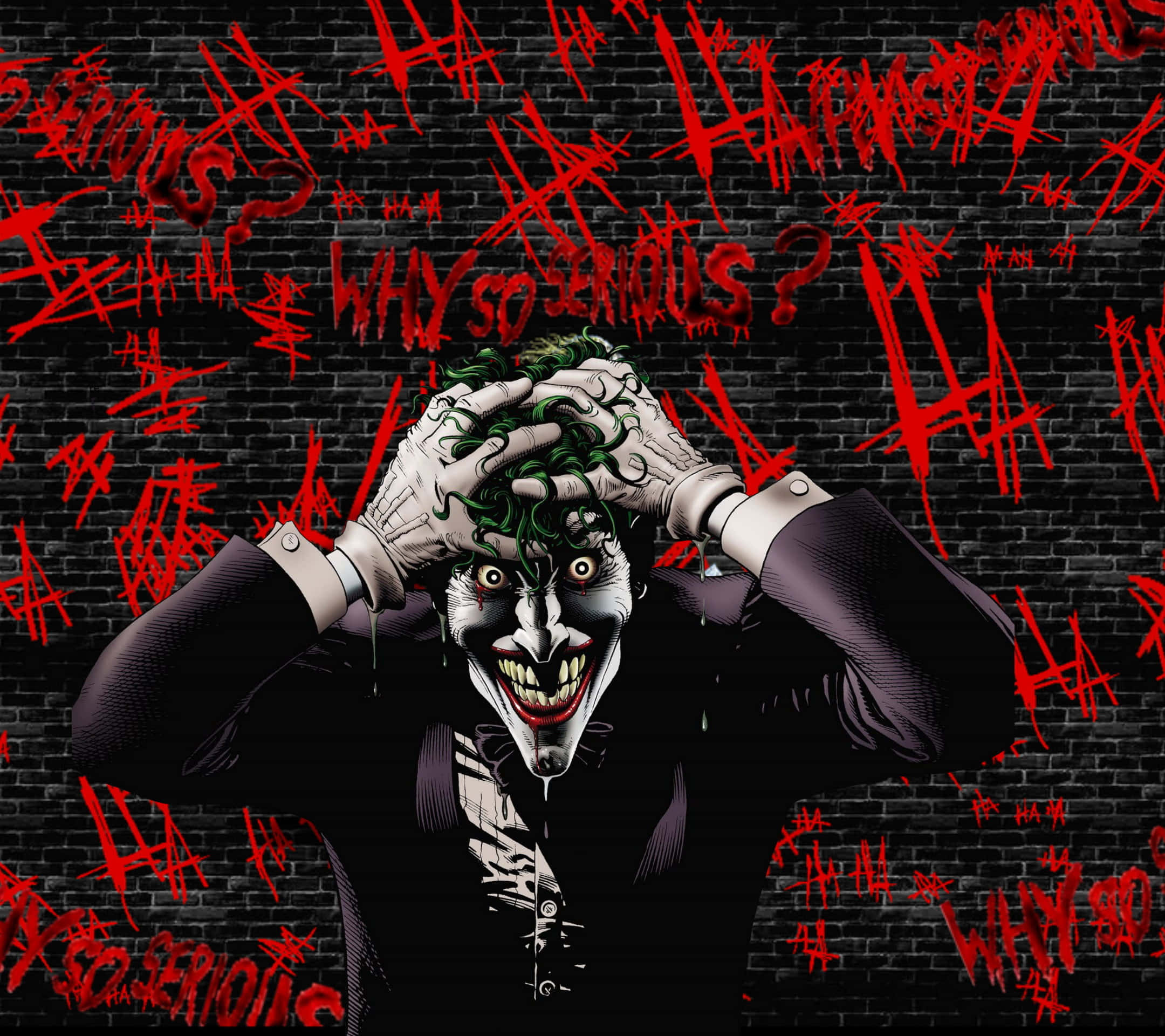 Joker Laughing 桌布 壁紙 — 小丑對著一面佈滿紅色塗鴉、到處寫著「WHY SO SERIOUS?」的磚牆狂笑。