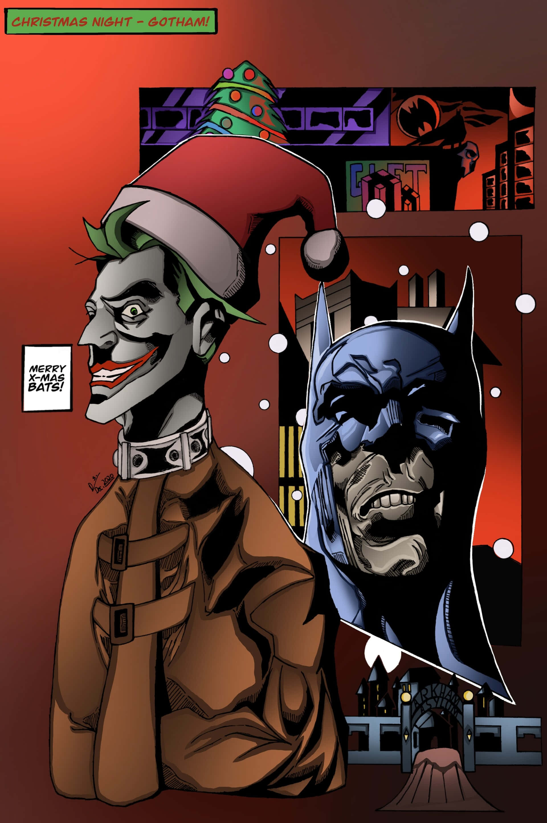Batman Dark Victory 桌布 壁紙 — 小丑戴住聖誕帽，喺落雪嘅葛咸城聖誕背景下，喺憤怒嘅蝙蝠俠旁邊咧嘴而笑。
