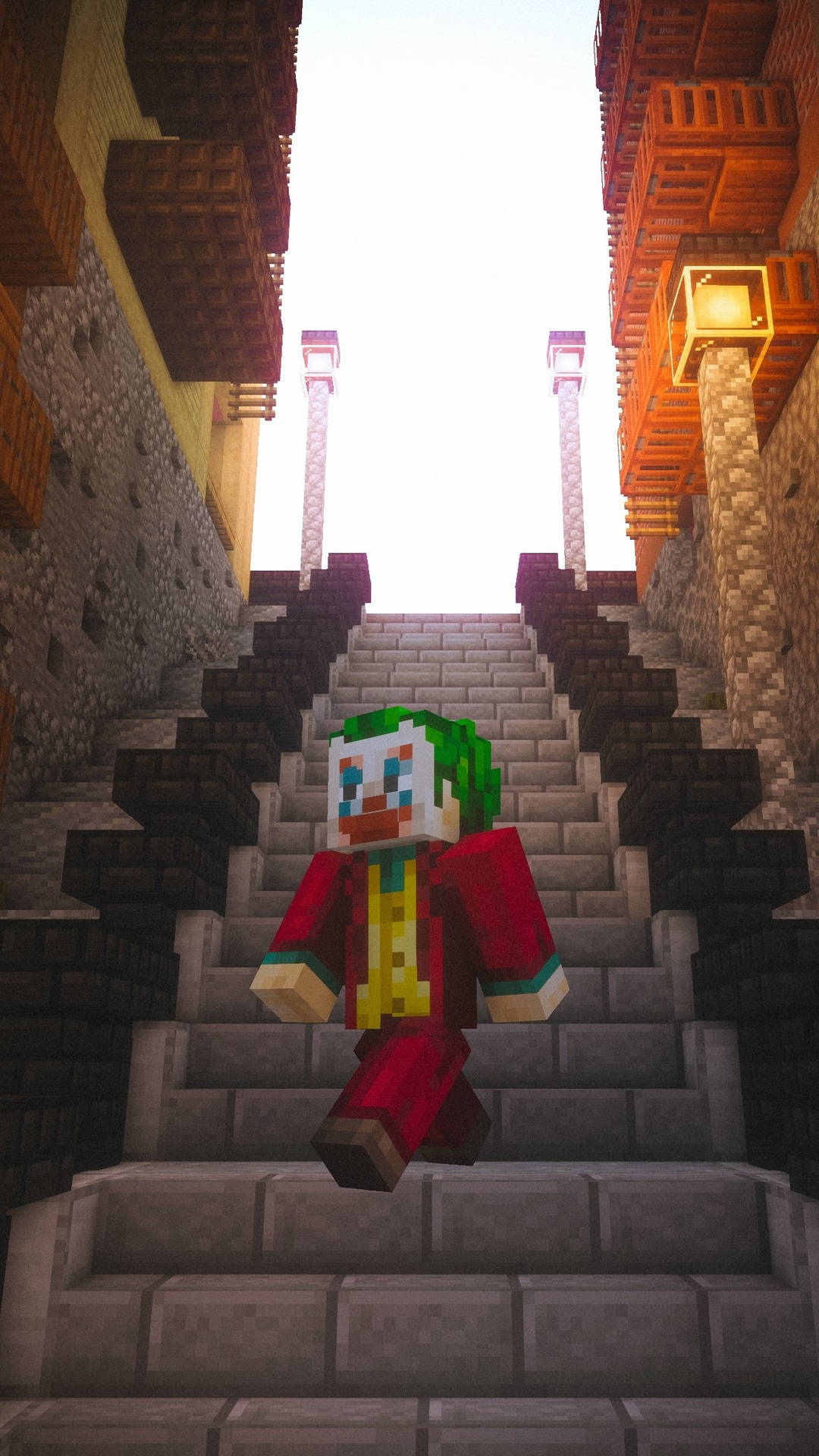 像素化的小丑角色站在Minecraft風格中世紀城鎮的石階上。