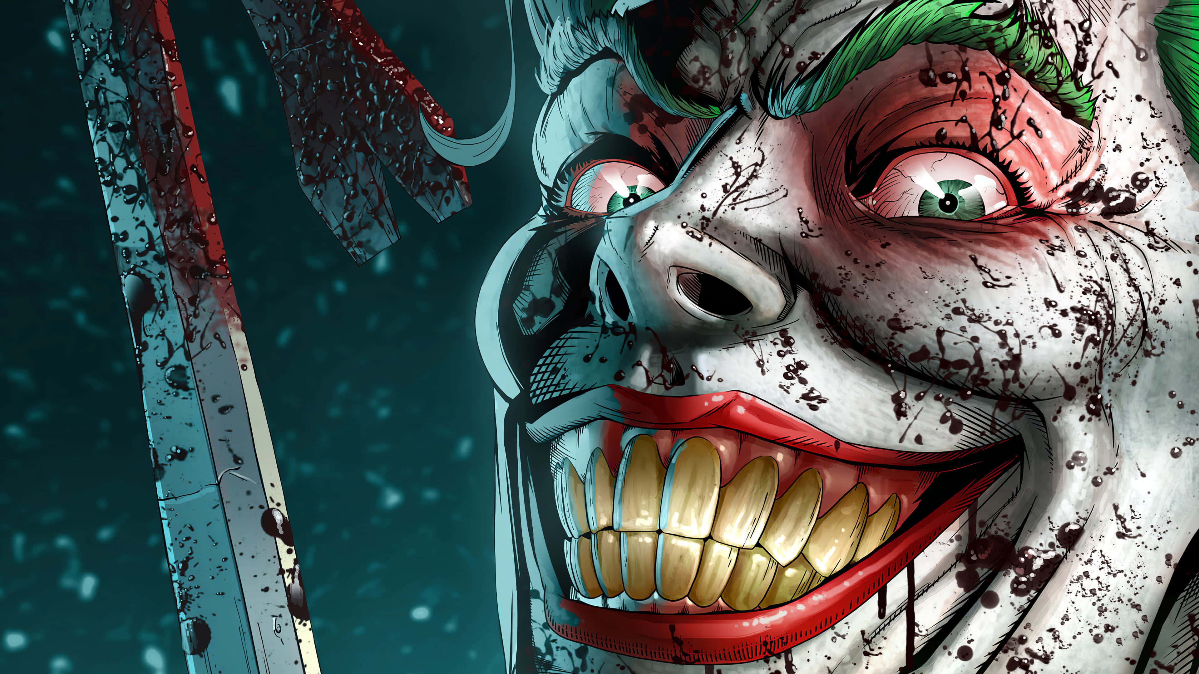 Joker Comic 桌布 壁紙 — 小丑沾滿鮮血的臉部特寫，咧嘴大笑，旁邊有一把滴著紅色液體的刀。