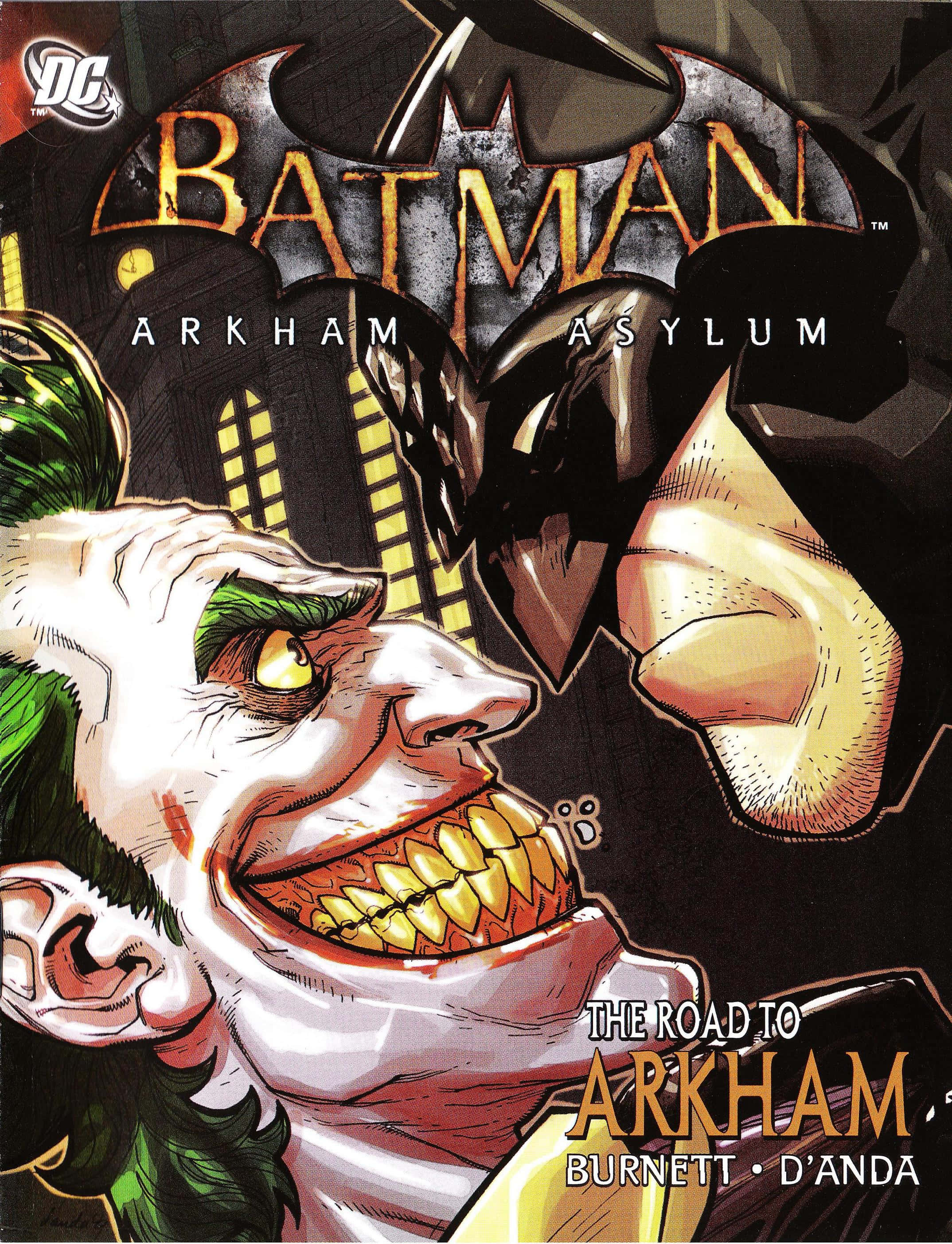 Arkham Asylum 桌布 壁紙 — 小丑狂笑，蝙蝠俠以陰影般的剪影在陰森的精神病院背景下若隱若現。