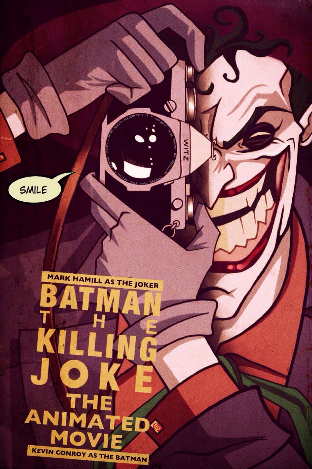 Batman The Killing Joke 桌布 壁紙 — 小丑狂笑著，手持一個帶有微笑鏡頭的相機，出現在漫畫風格的海報中。