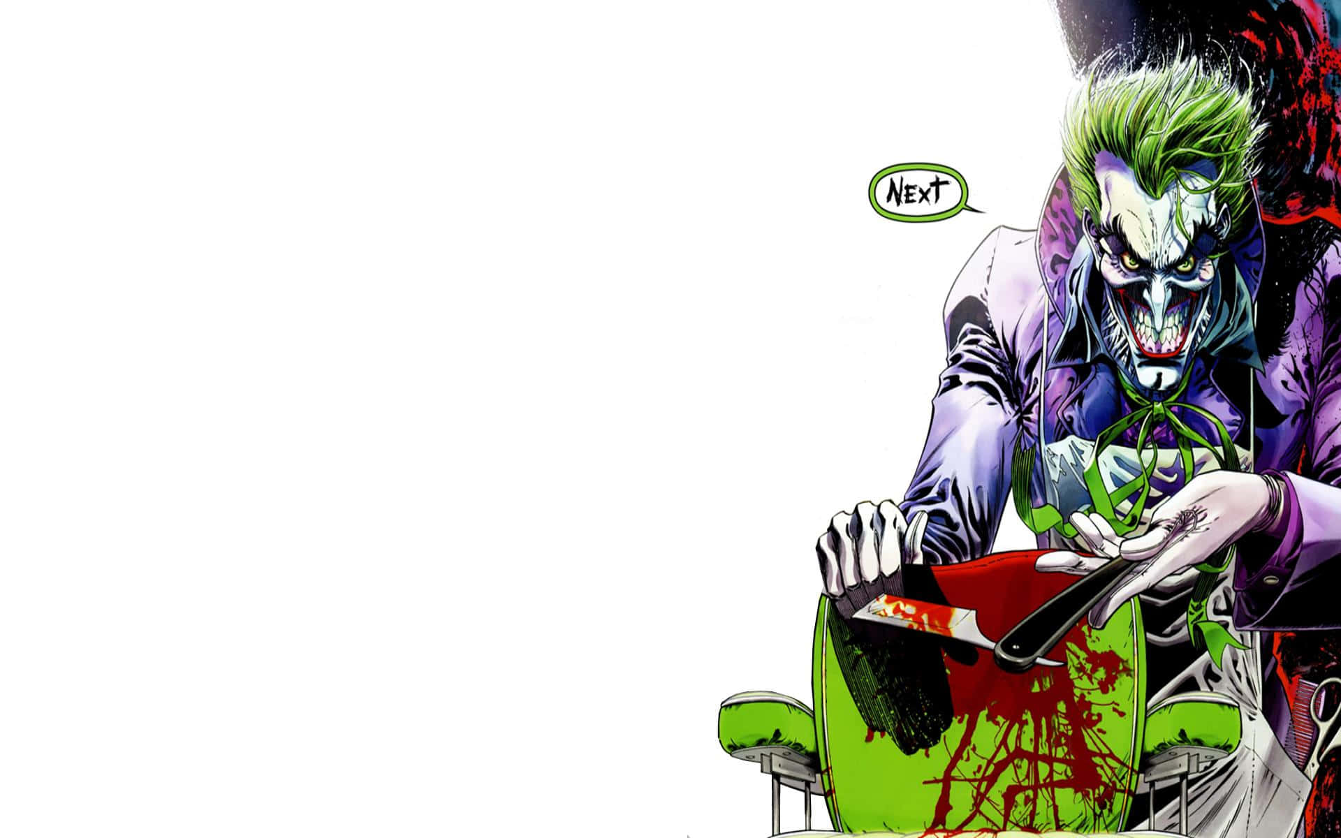 Joker Comic 桌布 壁紙 — 小丑狂笑著，手持一把沾血的刀，懸在一張帶有紅色飛濺的綠色椅子上方。