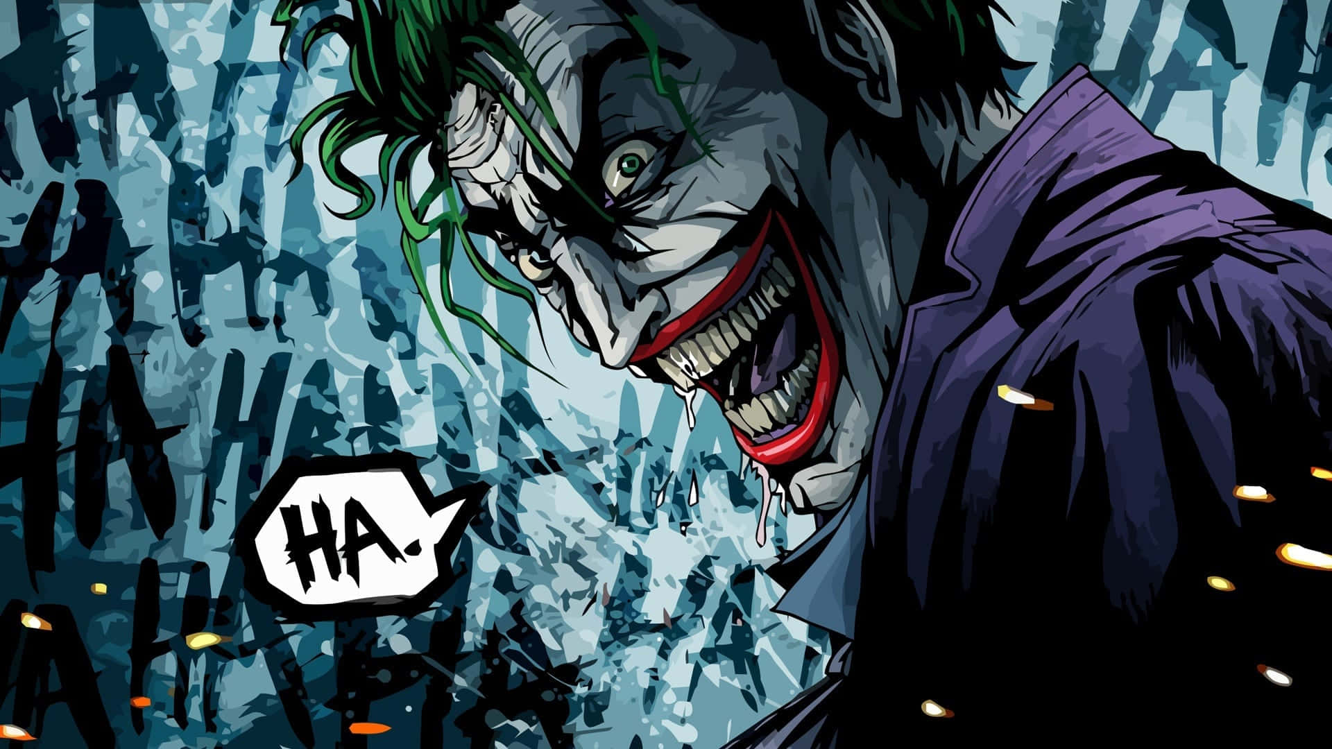 The Killing Joke 桌布 壁紙 — 小丑狂笑著，綠髮紅唇，背景是混亂的藍色，充滿重複的「HA」符號。