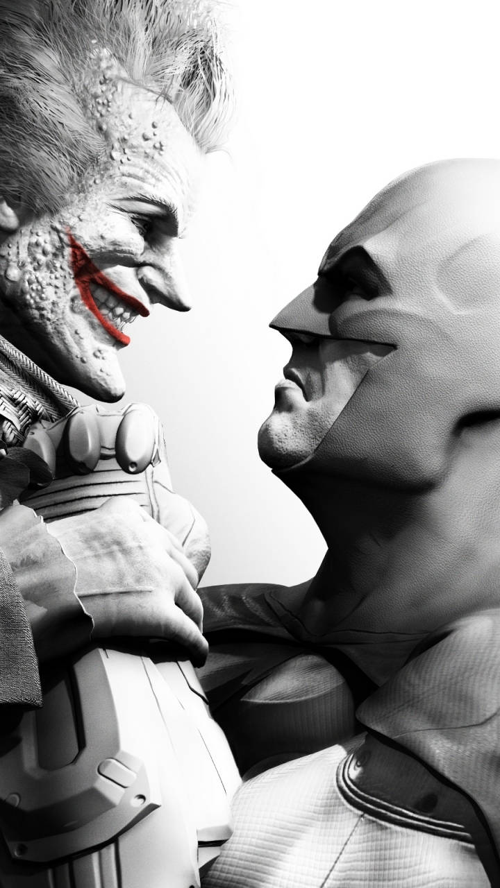 batman arkham city iPhone 桌布 壁紙 — 小丑狂笑著抓住蝙蝠俠的脖子，形成鮮明的黑白對峙。