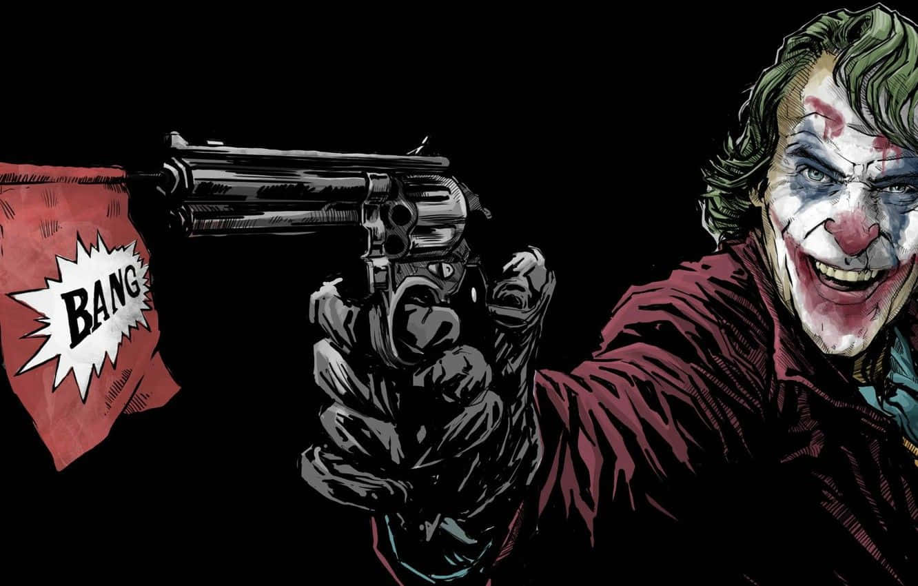 Joker Art 桌布 壁紙 — 小丑用左輪手槍瞄準，帶有 'BANG' 漫畫效果，背景為黑色，他塗了油的臉露出瘋狂的笑容。