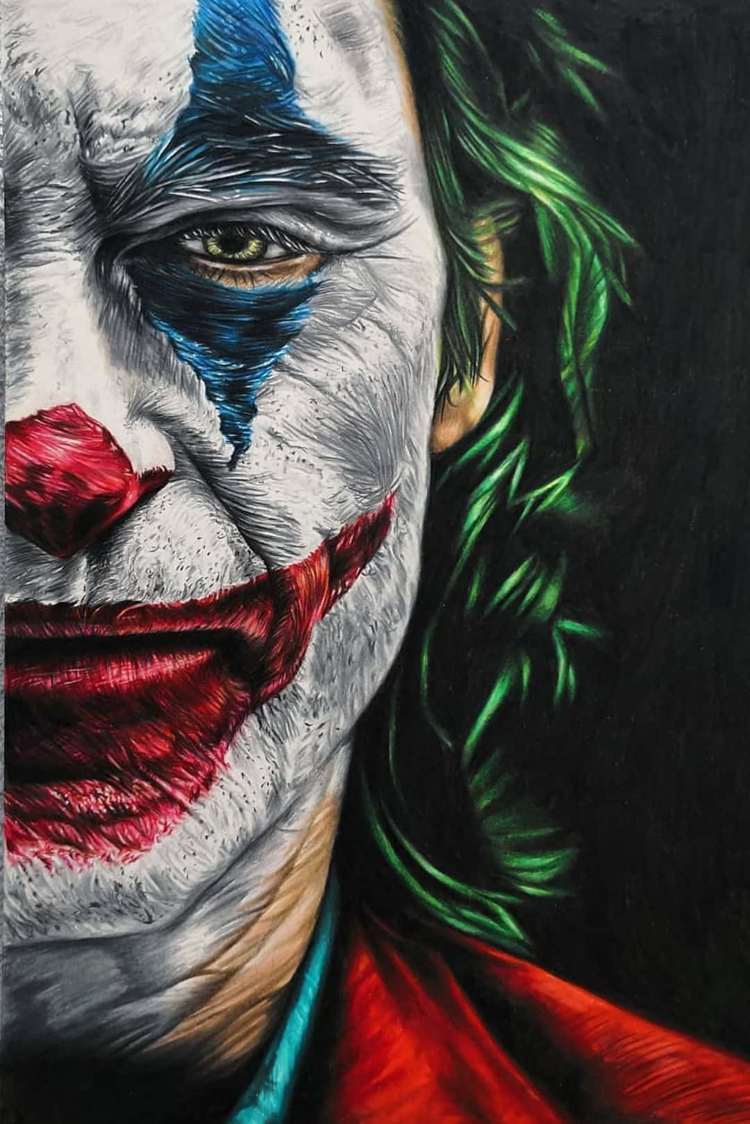 Joker Painting 桌布 壁紙 — 小丑的令人難忘的特寫，白色臉部塗料、藍色淚滴、紅色嘴唇和綠色頭髮，背景黑暗。